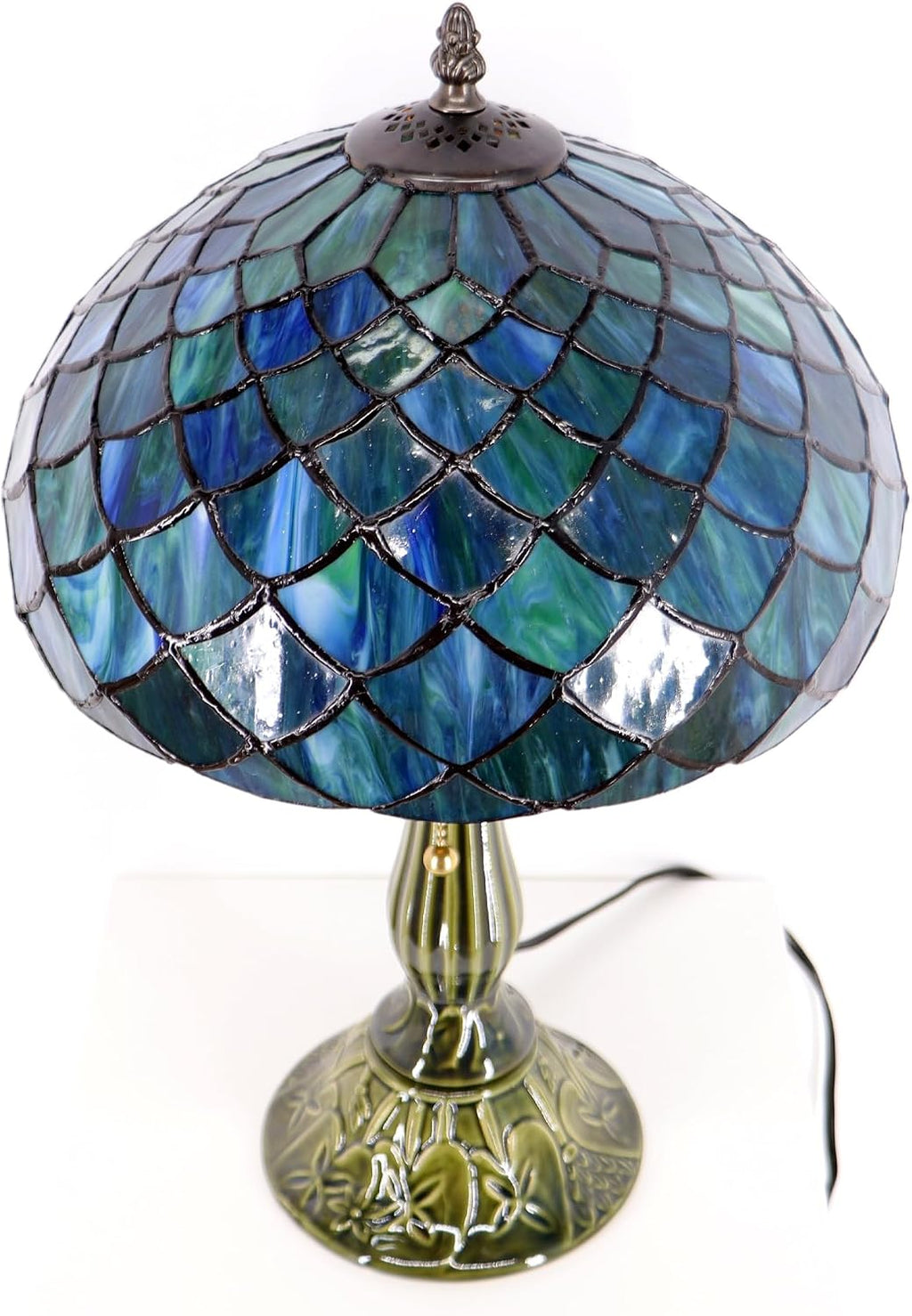 Tiffany Lamp Stained Glass Table Lamps Sea Blue Fish Scales Style Desk Lamp12X12X18.5 Inch Bronze Ceramic Base Reading Light Suitable for Bedside Bedroom Living Room Dining Room Office