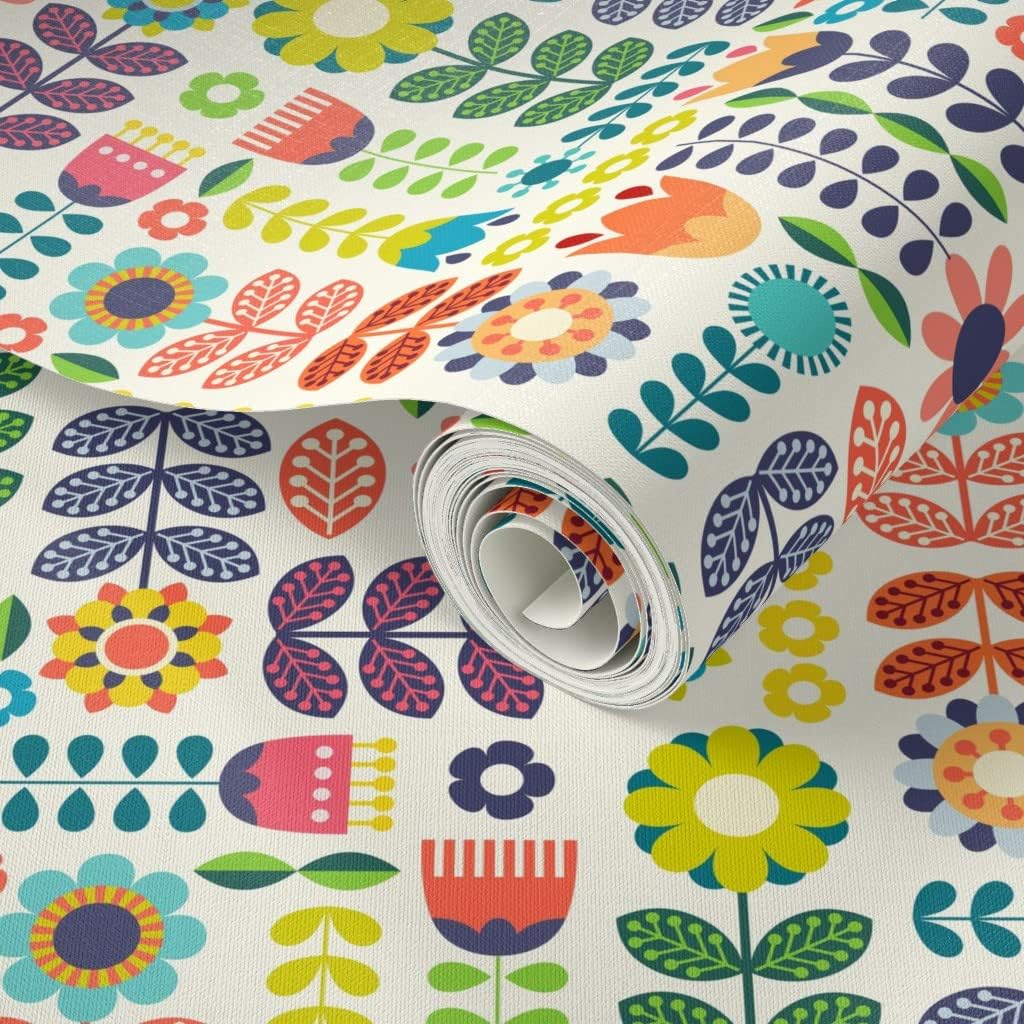 Spoonflower Swedish Folk Art Peel and Stick Removable Wallpaper | Roll 24' x 144' | Hygge Rainbow Floral Cute Modern | Self-adhesive, removable and renter-friendly