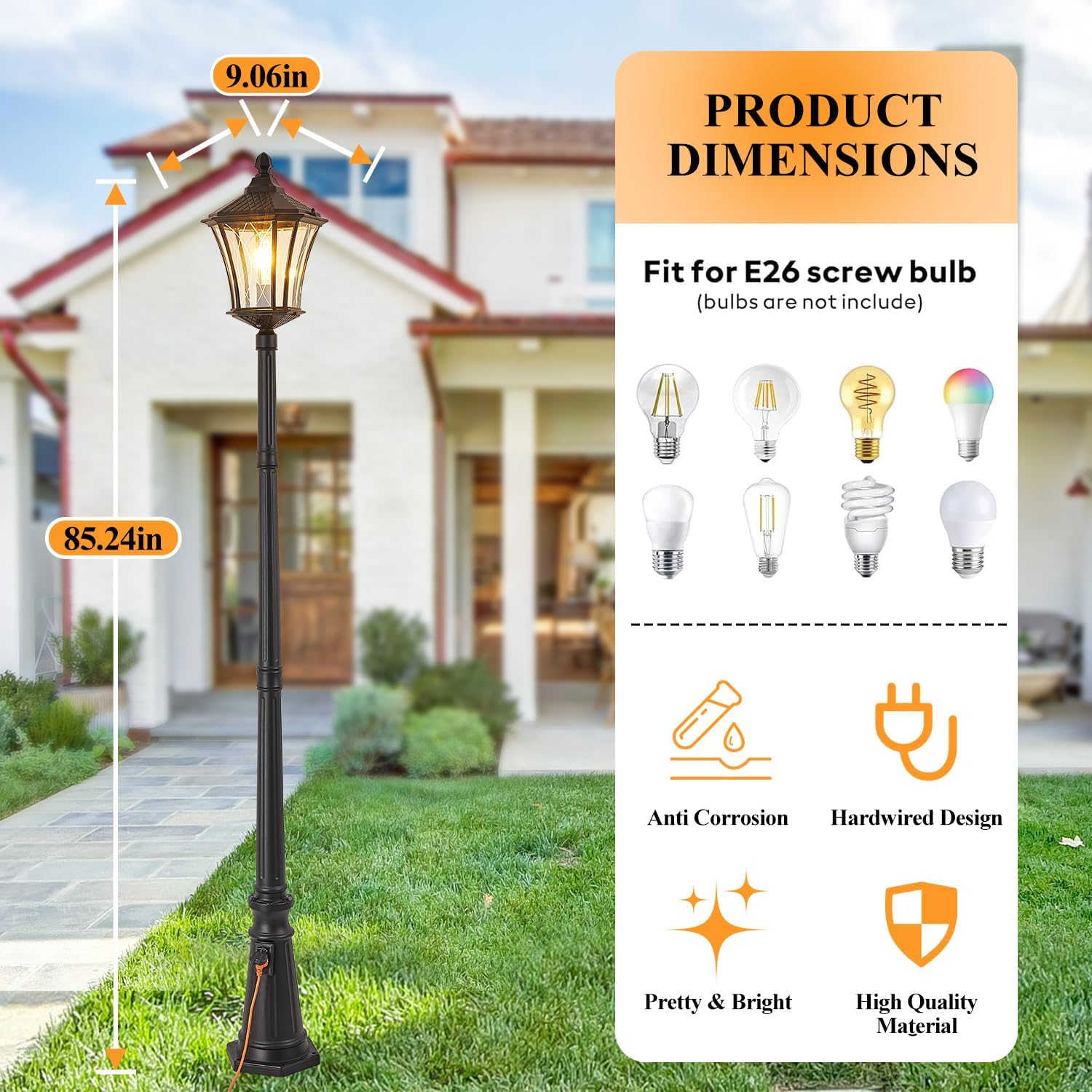 Outdoor Lamp Post Lights with Outlet, Dusk to Dawn Pole Lamp with Patterned Glass, Aluminum Waterproof Outside Street Light with Plug, Hardwired Black Light Pole for Backyard, Garden, Driveway