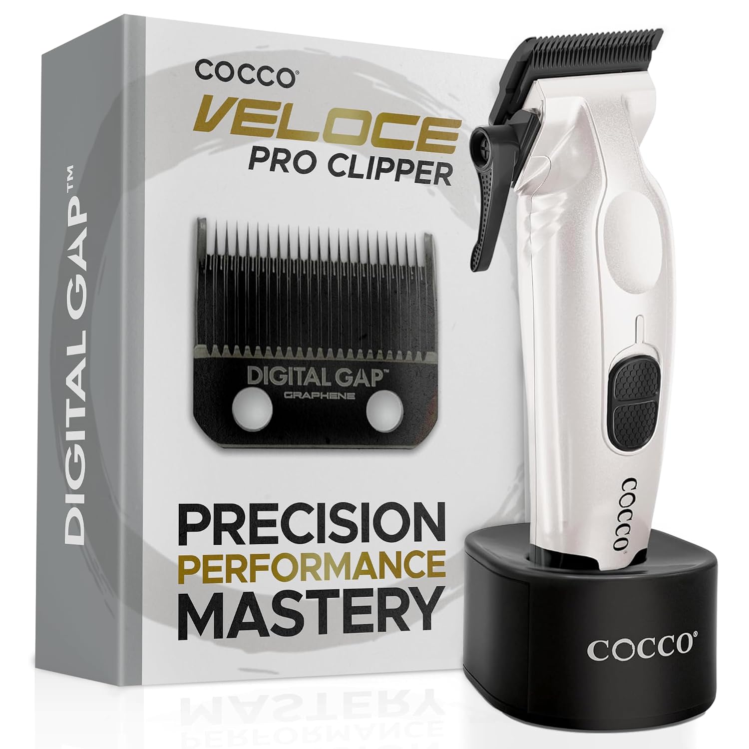 Cocco Veloce Pro Clipper, Digital Gap Ambassador Graphene Taper Blade Professional Hair Clippers, High-Torque BLDC Motor, All-Metal, Cordless, Charging Base Included