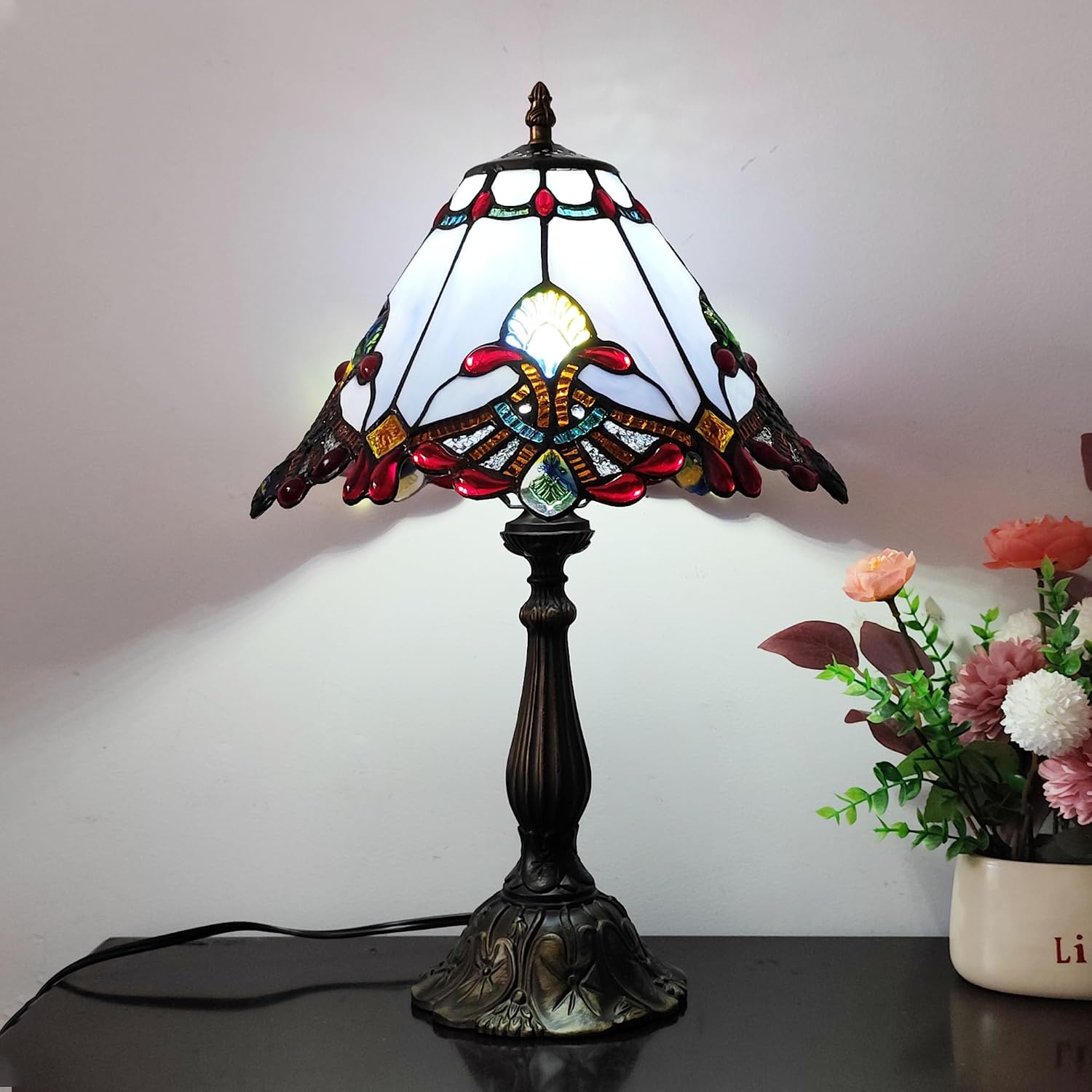 Tiffany Table Lamp Purple Baroque Style Stained Glass Lamp 12X12X19 Inch Antique Lamp for Office Home Bedroom Living Include 3-Color LED Bulb