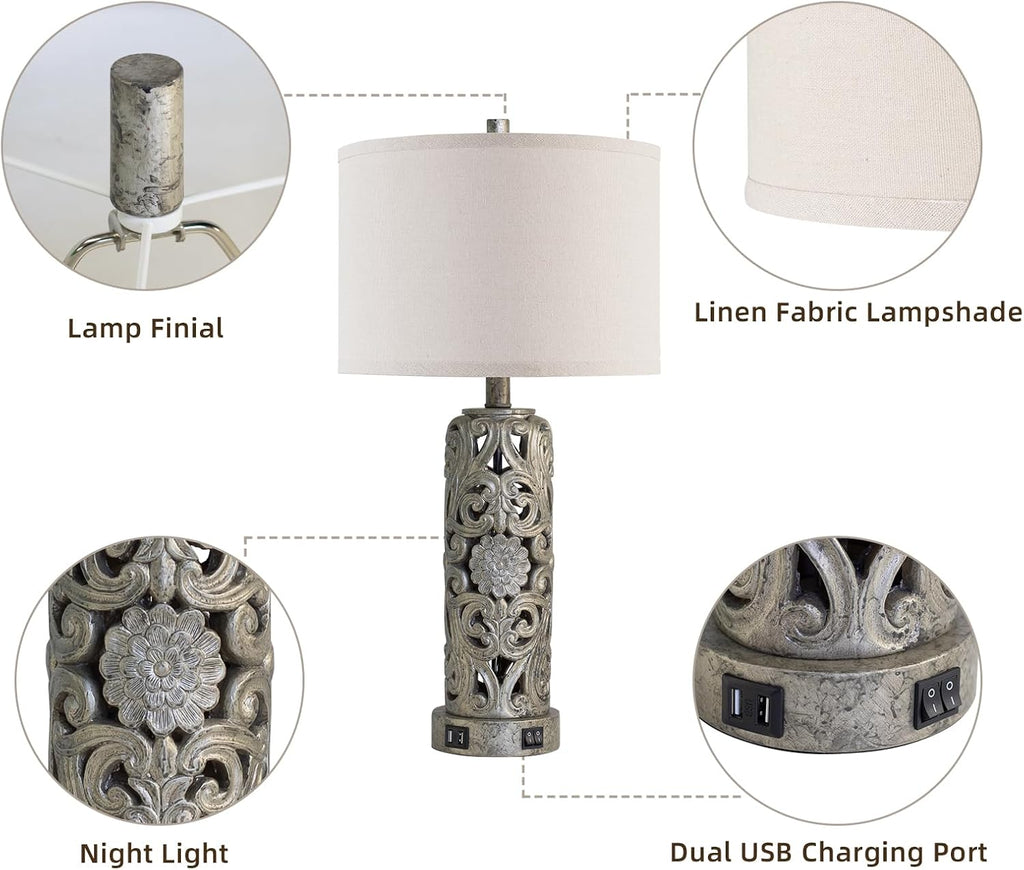 25'' Set of 2 Industrial Table Lamps for Living Room with Dual USB Ports, Vintage Resin Nightstand Lamp for Bedroom with Nightlight, Antique Rustic Desk Lamp for Entryway, 2 Bulbs Included