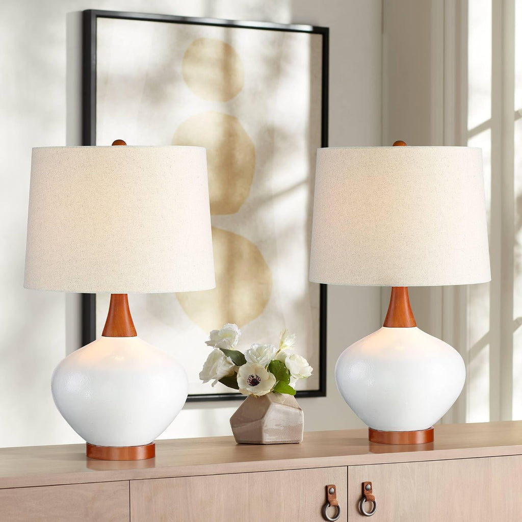 360 Lighting Brice 23' High Small Mid Century Modern Accent Table Lamps Set of 2 Ivory Wood Ceramic Living Room Bedroom Bedside Nightstand House Office Home Reading Kitchen Off-White Shade