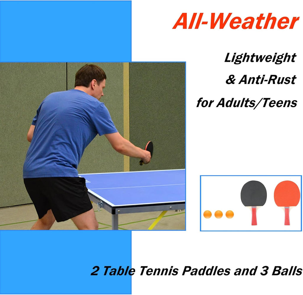 IUNNDS Portable Table Tennis Table 6/8/8.5/9FT Foldable Ping Pong Game Set for Indoor with Net and Post Set, 2 Paddles and 3 Balls