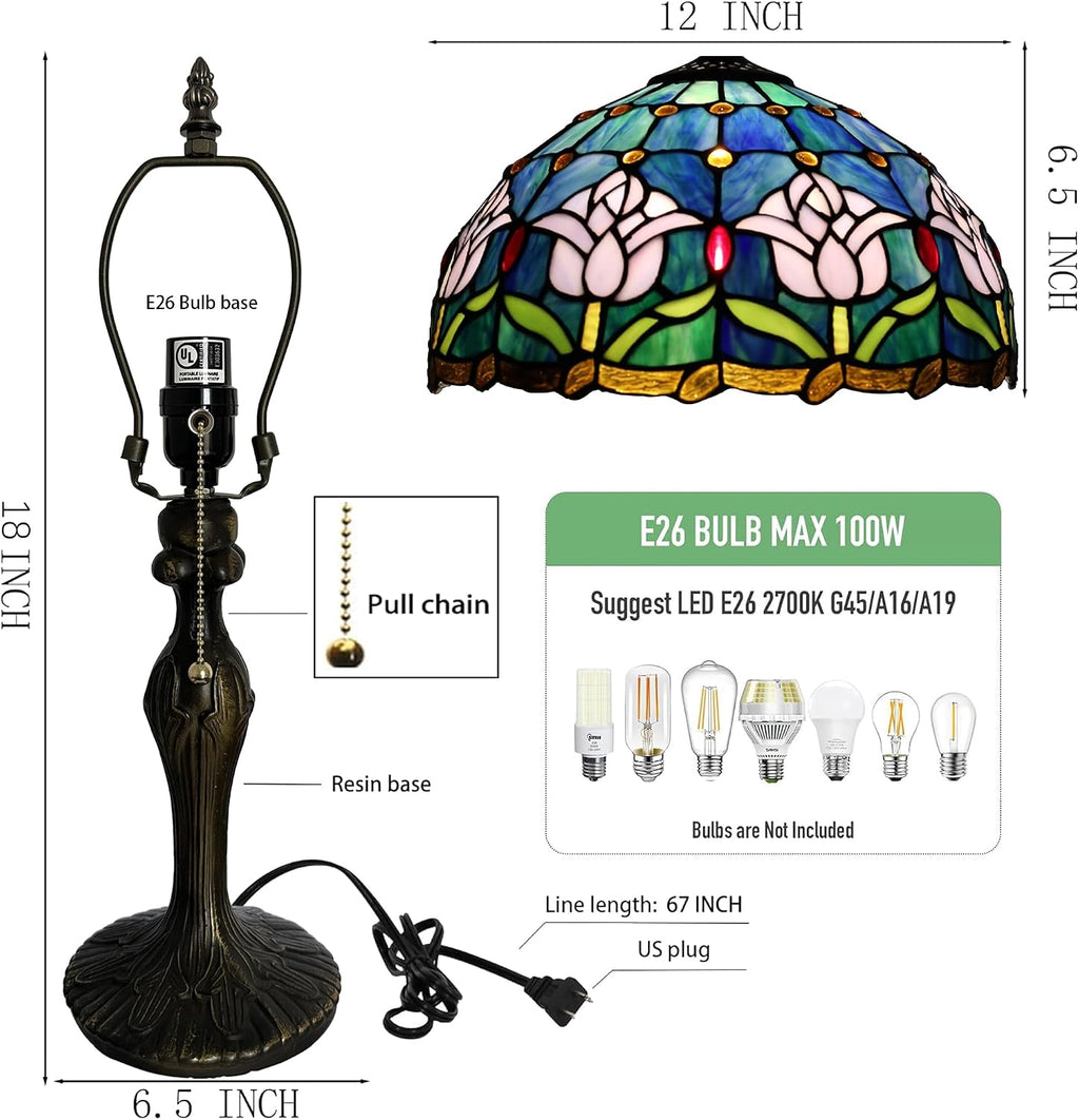 Tiffany Lamp Stained Glass Table Lamp 12' x 19' Pink Tulip Style Decorative Lamp Bedside Reading Lamp for Desk Living Room Bedroom Office Study Light Home Decor Gift