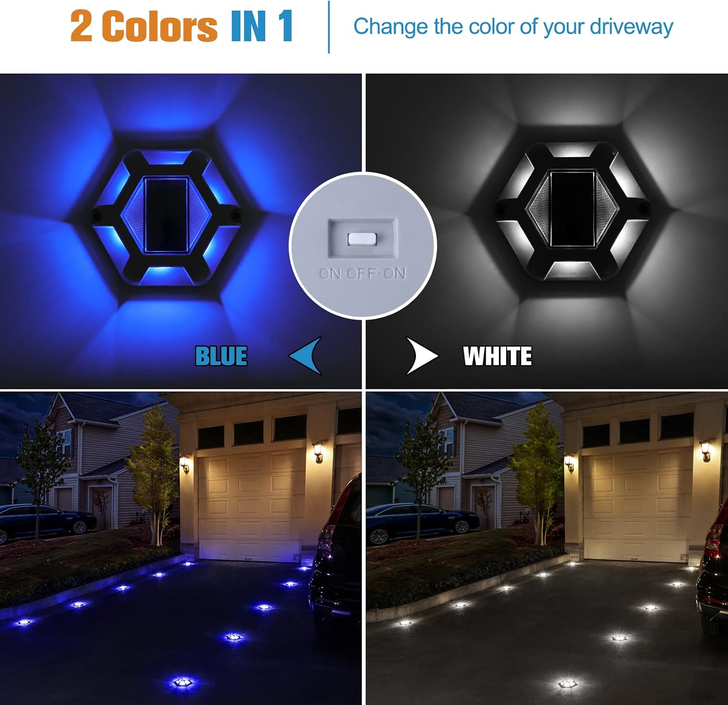 VOLISUN Solar Dock Lights, 16-Pack Waterproof Outdoor LED Aluminum Dock Lighting Warning Step Lights for Driveway (Blue+White, 2 Colors in 1), Auto On/Off