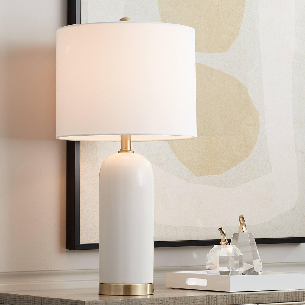 360 Lighting 26' High Mid Century Modern Coastal Luxury Table Lamp White Gold Ceramic Metal Single Fabric Shade Living Room Bedroom Bedside Nightstand House Office Home Reading Kitchen Entryway