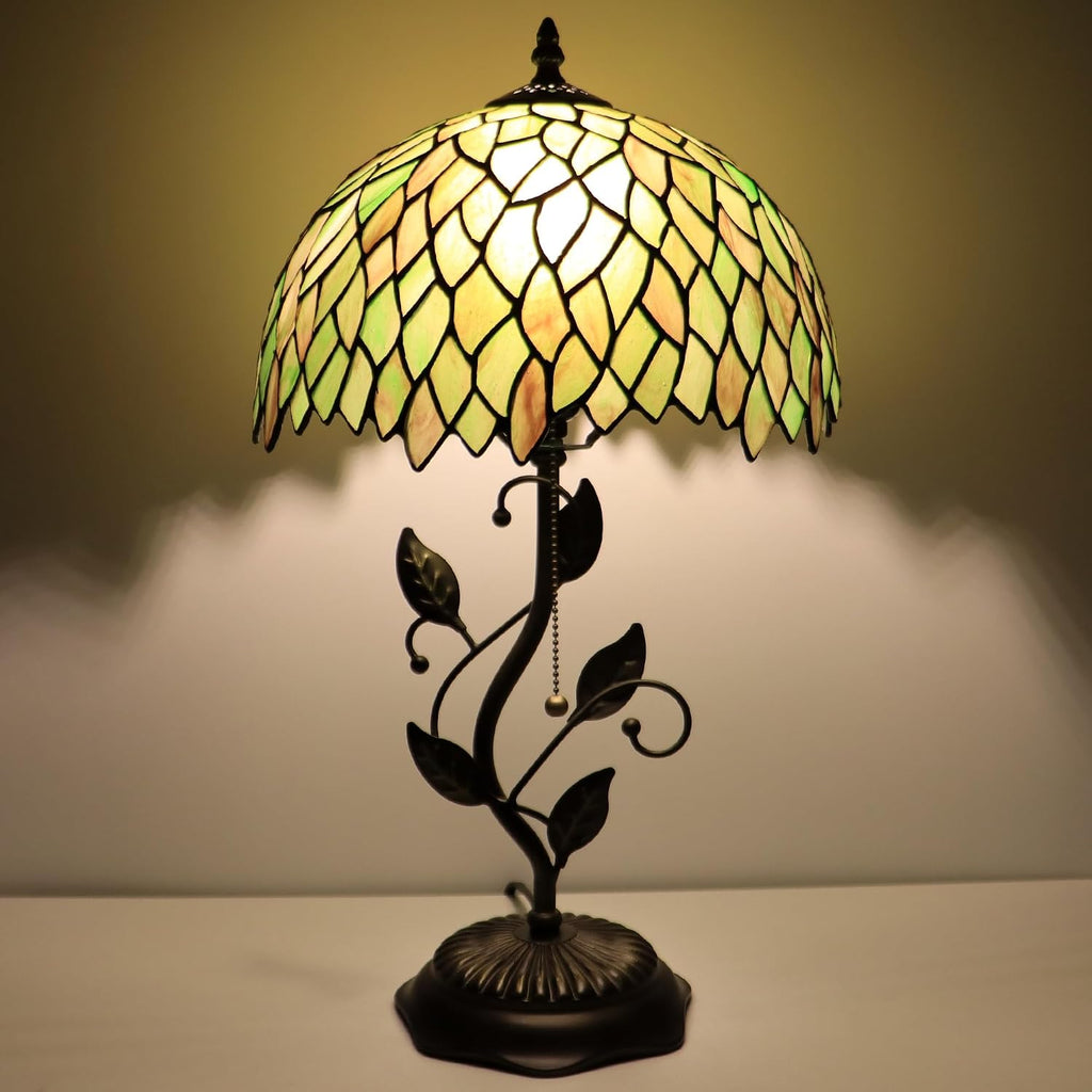 Tiffany Lamp Brownish Green Leafage Style Stained Glass Table Lamp Desk Bedside Reading Light 12X12X19 Inches with Metal Leaf Base