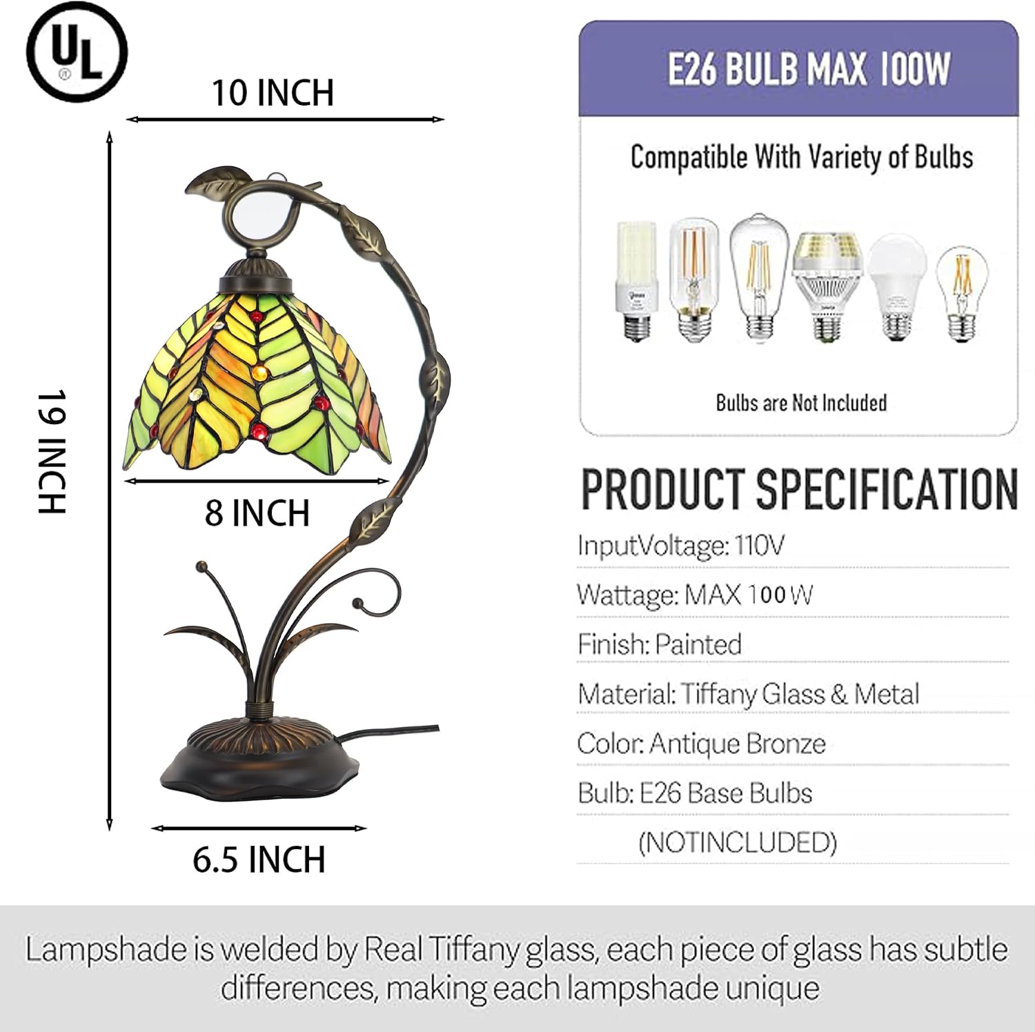 Tiffany Table Lamp, Stained Glass Desk Reading Light, 8X10X19 Inches, Metal Leaf Base (Brown Green Leaf)