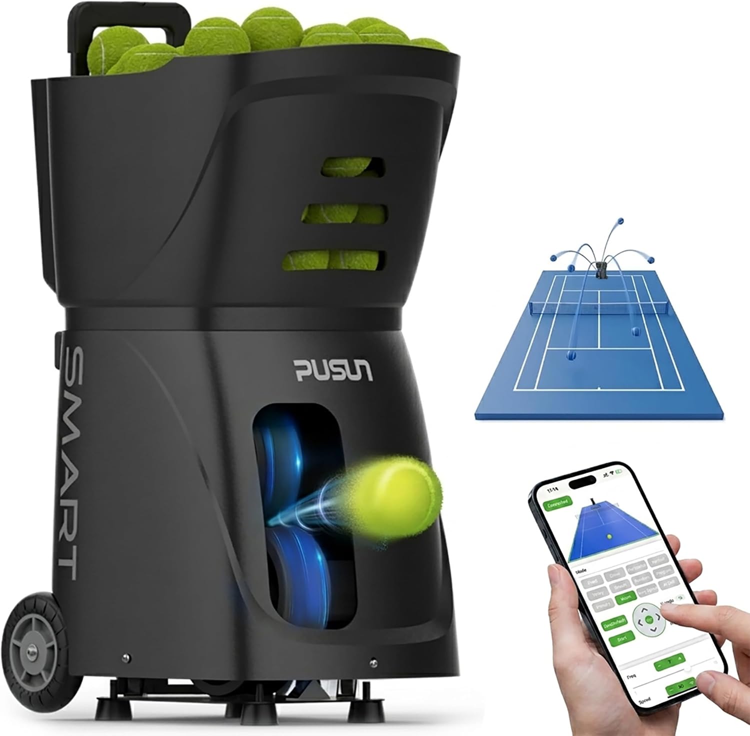 PUSUN｜PT-Smart Tennis Ball Machine: App Control with 12 Built-in Training Modes,6-Level Spin,28-Pt,75 MPH,32.6 lbs,100+ Ball,5H Battery, Portable, for Tennis/Padel,Training, Practice,Beginners to Pros