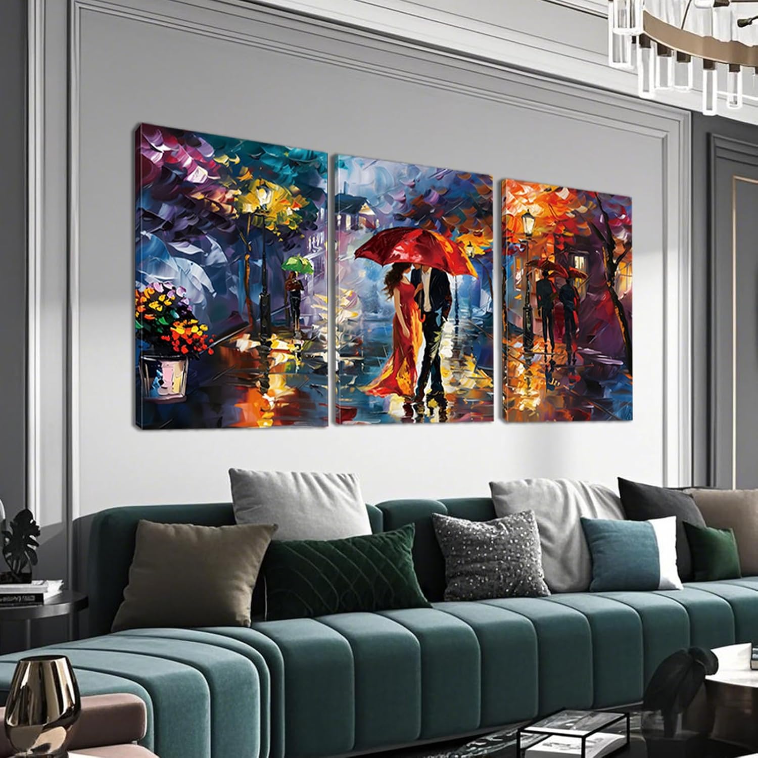 Rubelike Street View City Canvas Prints - Vintage City Canvas Oil Painting Print, Rain Street Wall Art, People Walking European Landscape, Contemporary Cityscape Artwork (24' x 36' x 3 pcs)