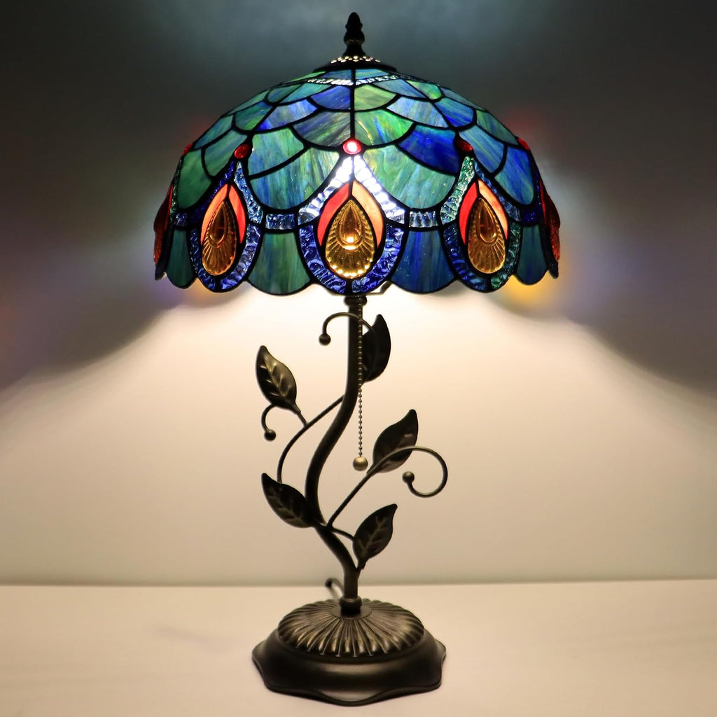 Tiffany Lamp Sea Blue Peacock Tail Style Stained Glass Table Lamp Desk Bedside Reading Light 12X12X19 Inches with Metal Leaf Base