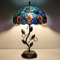 Tiffany Lamp Sea Blue Peacock Tail Style Stained Glass Table Lamp Desk Bedside Reading Light 12X12X19 Inches with Metal Leaf Base