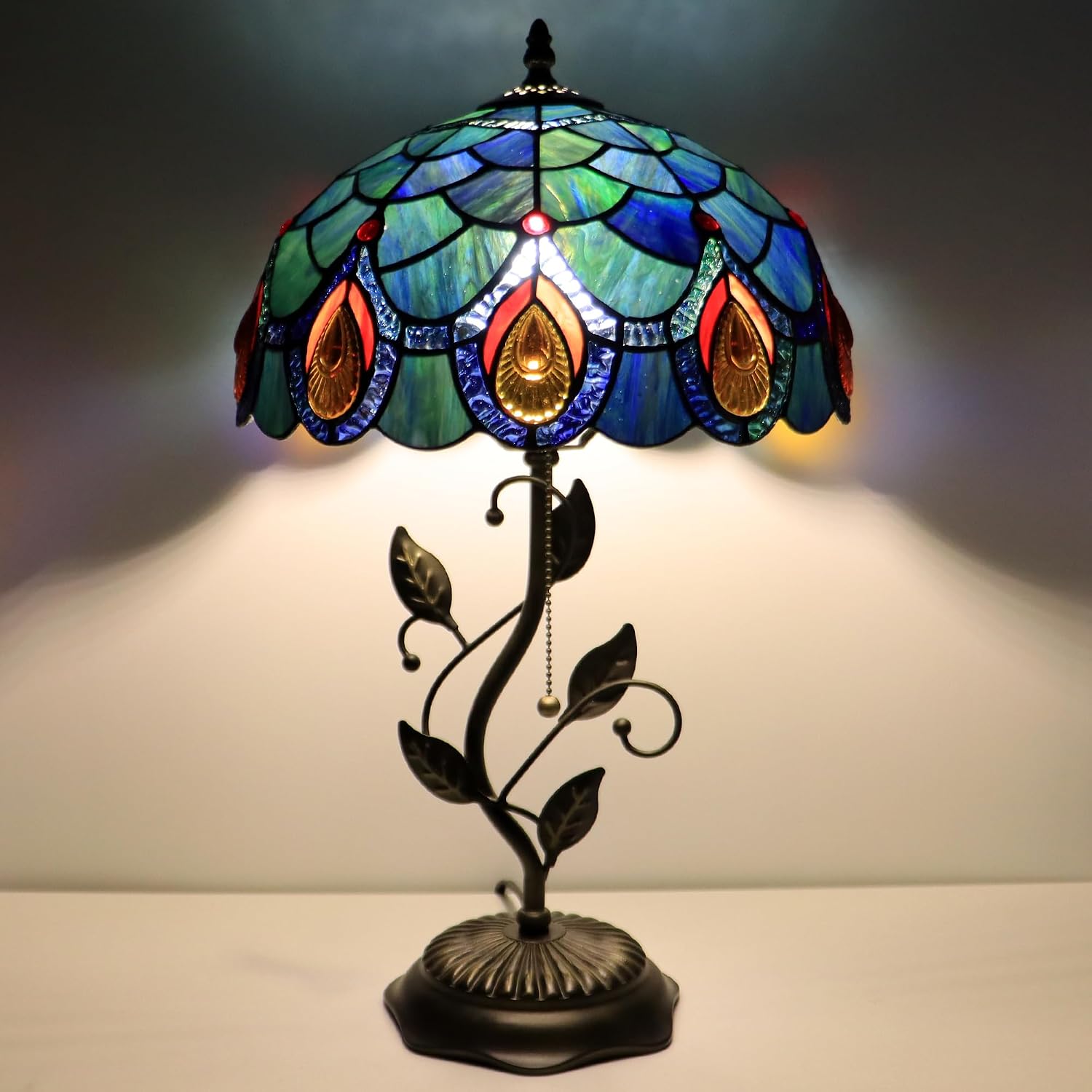 Tiffany Lamp Sea Blue Peacock Tail Style Stained Glass Table Lamp Desk Bedside Reading Light 12X12X19 Inches with Metal Leaf Base
