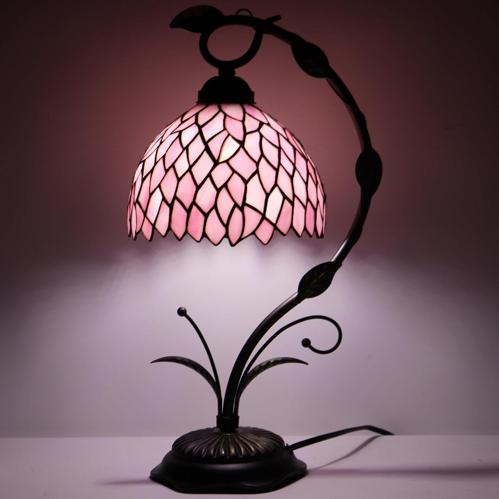 Tiffany Table Lamp, Stained Glass Desk Reading Light, 8X10X19 Inches, Metal Leaf Base (Pink Wisteria)
