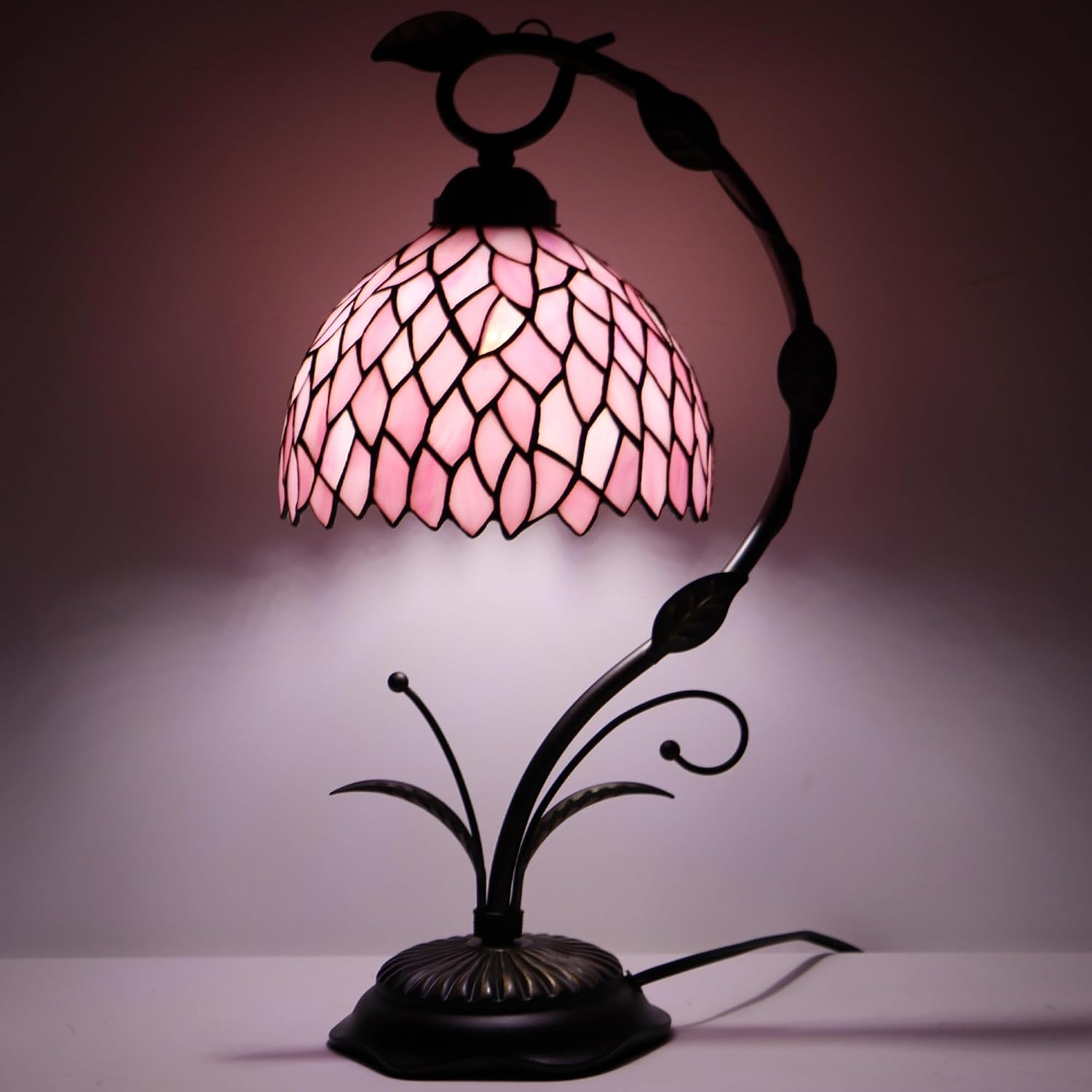 Tiffany Table Lamp, Stained Glass Desk Reading Light, 8X10X19 Inches, Metal Leaf Base (Pink Wisteria)