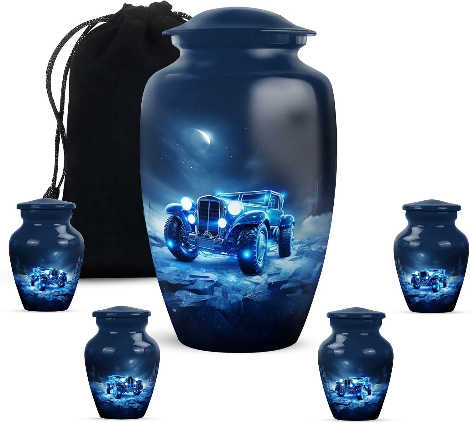 Blue Vintage Car Large Burial Urn for Ashes Adult - Memorial Cremation Urns for Human Ashes - Keepsake Decorative Funeral Ash Holder for Adult Male & Female - Set of 5-10 Inch, 3 Inch
