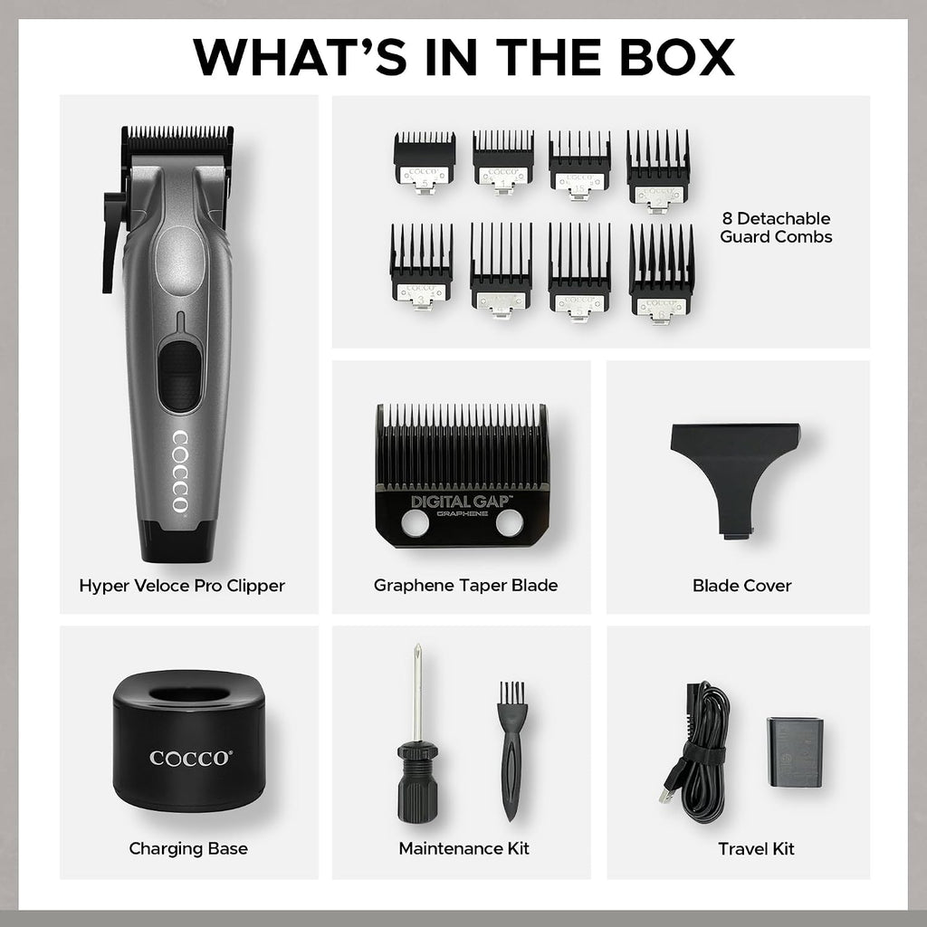 Cocco Veloce Pro Clipper, Digital Gap Ambassador Graphene Taper Blade Professional Hair Clippers, High-Torque BLDC Motor, All-Metal, Cordless, Charging Base Included