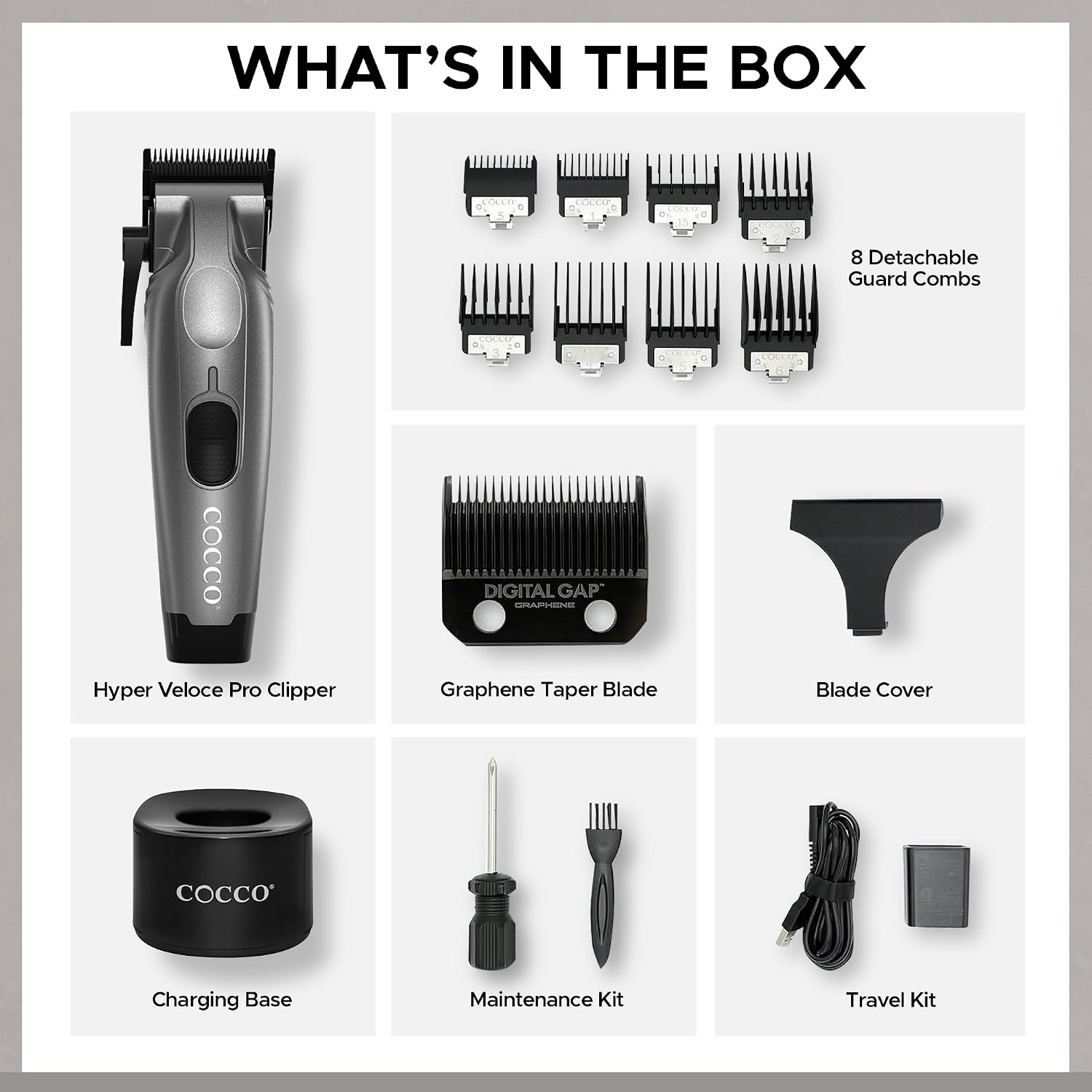 Cocco Veloce Pro Clipper, Digital Gap Ambassador Graphene Taper Blade Professional Hair Clippers, High-Torque BLDC Motor, All-Metal, Cordless, Charging Base Included