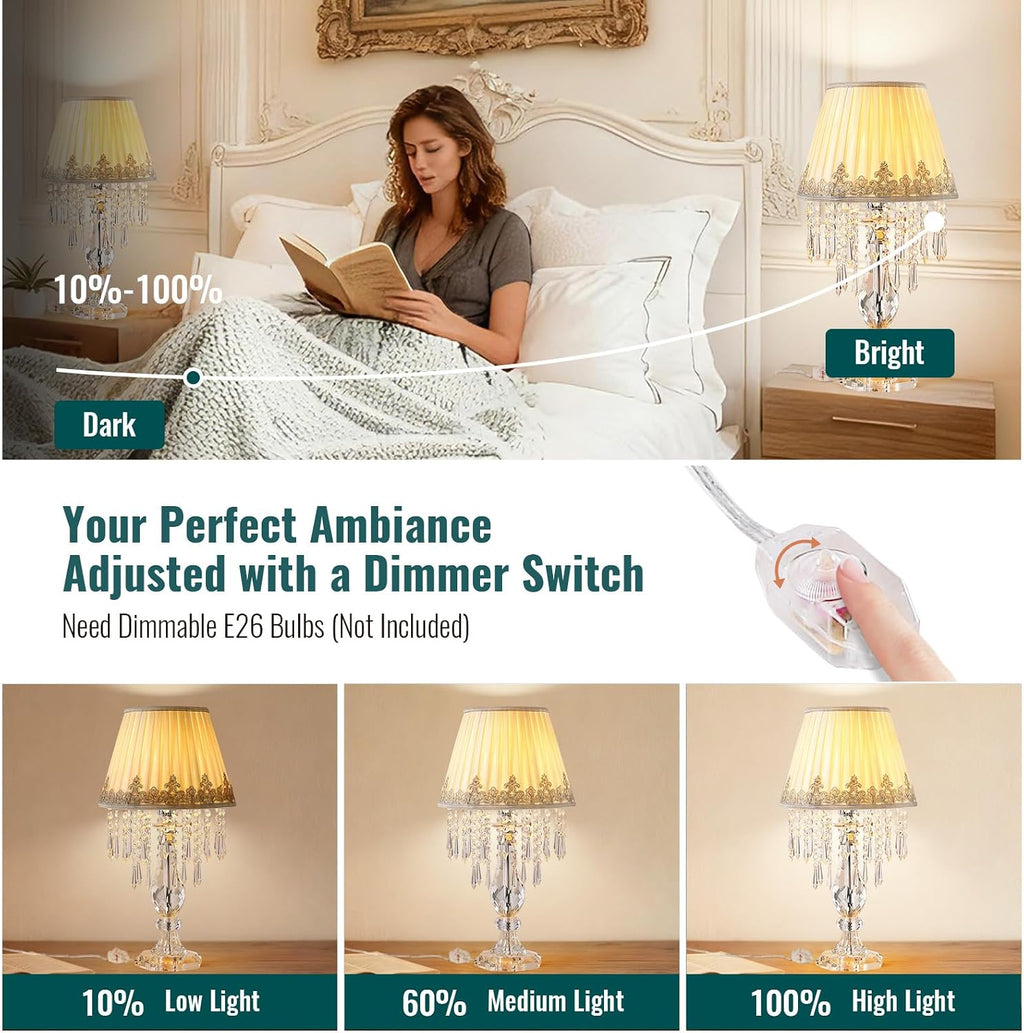 Siljoy Crystal Table Lamp Set of 2, 22.8'' Tall Modern Crystal Bedside Table Lamp, Farmhouse Dimmable Nightstand Lamp with Raindrop K9 Crystals for Living Room Dining Room Bedroom