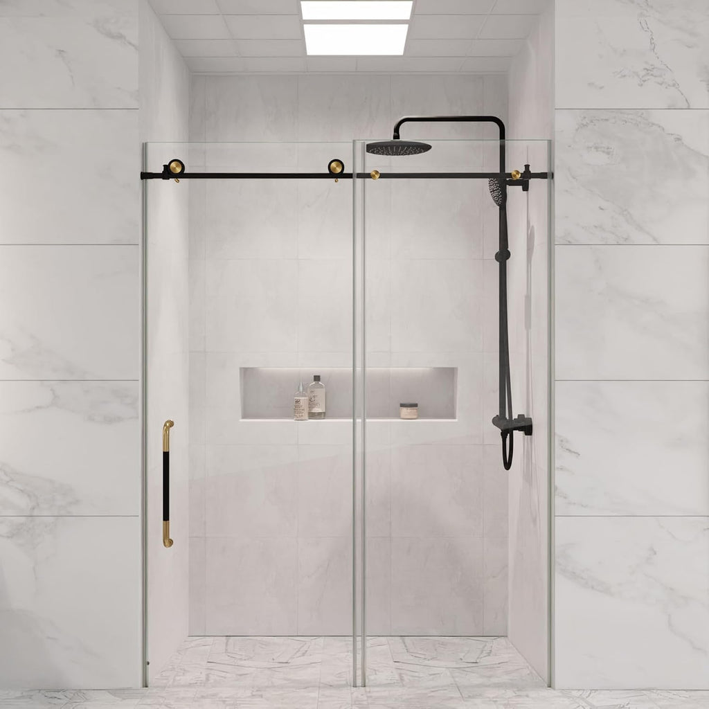 ANZZI Frameless Shower Door 76' x 48' Frameless Shower Door with Sliding - Matte Black and Brushed Gold - Madam Series (SD-AZ13-01MBBG)