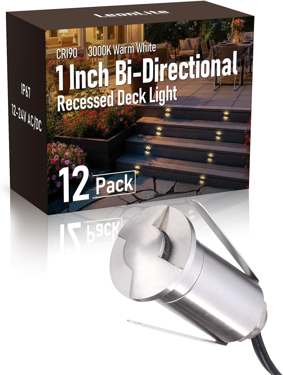 LEONLITE 12-Pack Low Voltage Recessed LED Deck Light, IP67 Waterproof, 12-24V AC/DC, Dual Beam 102° Butterfly Glow, 1W 3000K 1.3 Inch Mini Flush Mount, Stainless Steel for Pathway Step Deck Driveway