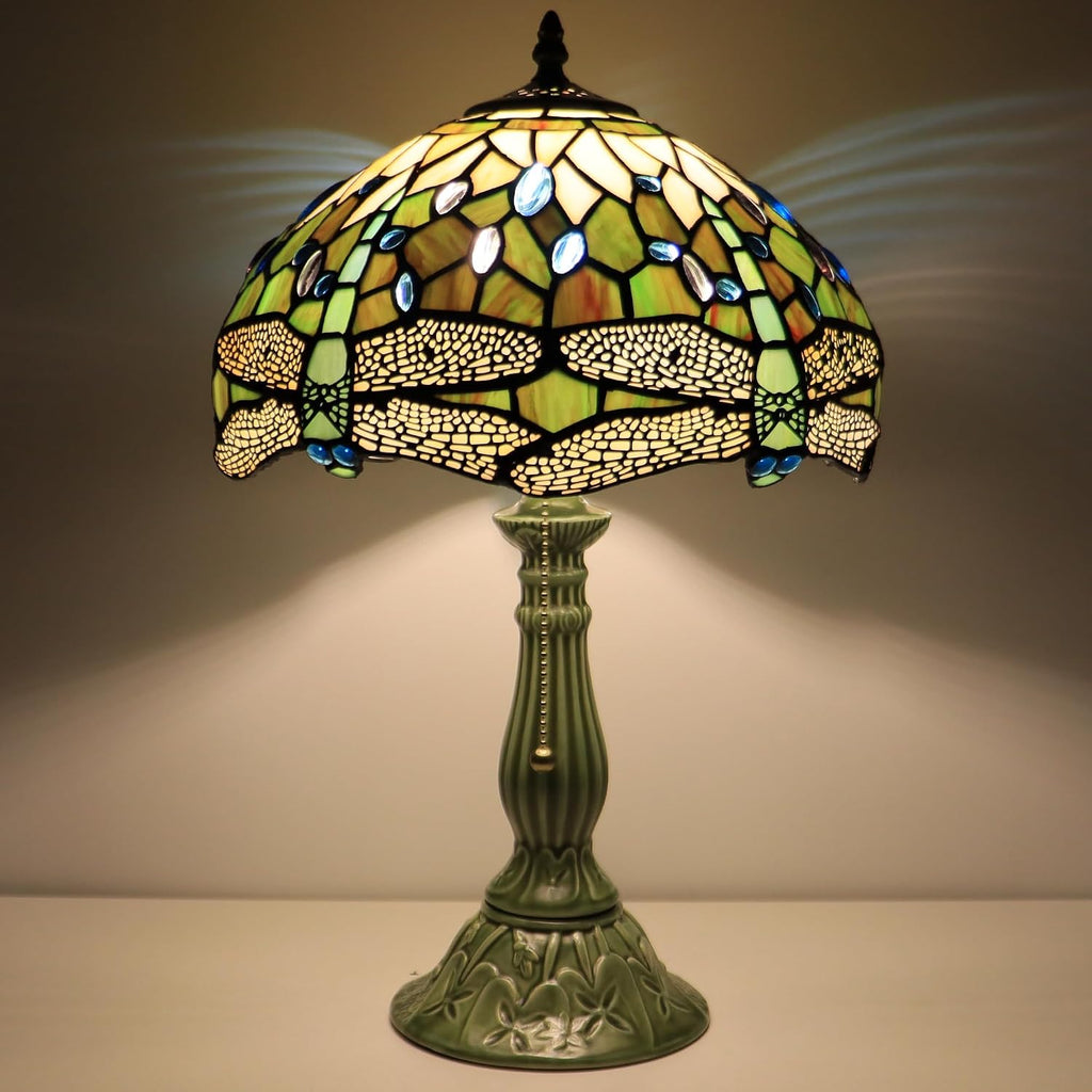 Tiffany Lamp Stained Glass Table Lamps Amber White Dragonfly Style Desk Lamp 12X12X18.5 Inch Bronze Ceramic Base Reading Light Suitable for Bedside Bedroom Living Room Dining Room Office
