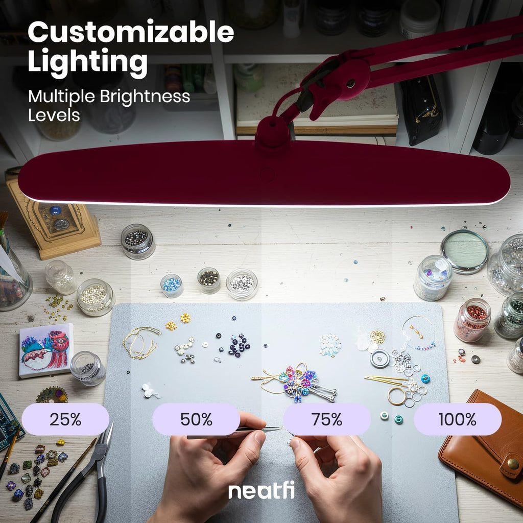 Neatfi XL 2,200 Lumens 24W LED Desk Lamp – 23' Wide Shade | Dimmable Eye-Caring Task Light | Adjustable Arm | Home Office, Study, Crafts & Nail Tech (Pink, Non-CCT with Clamp)