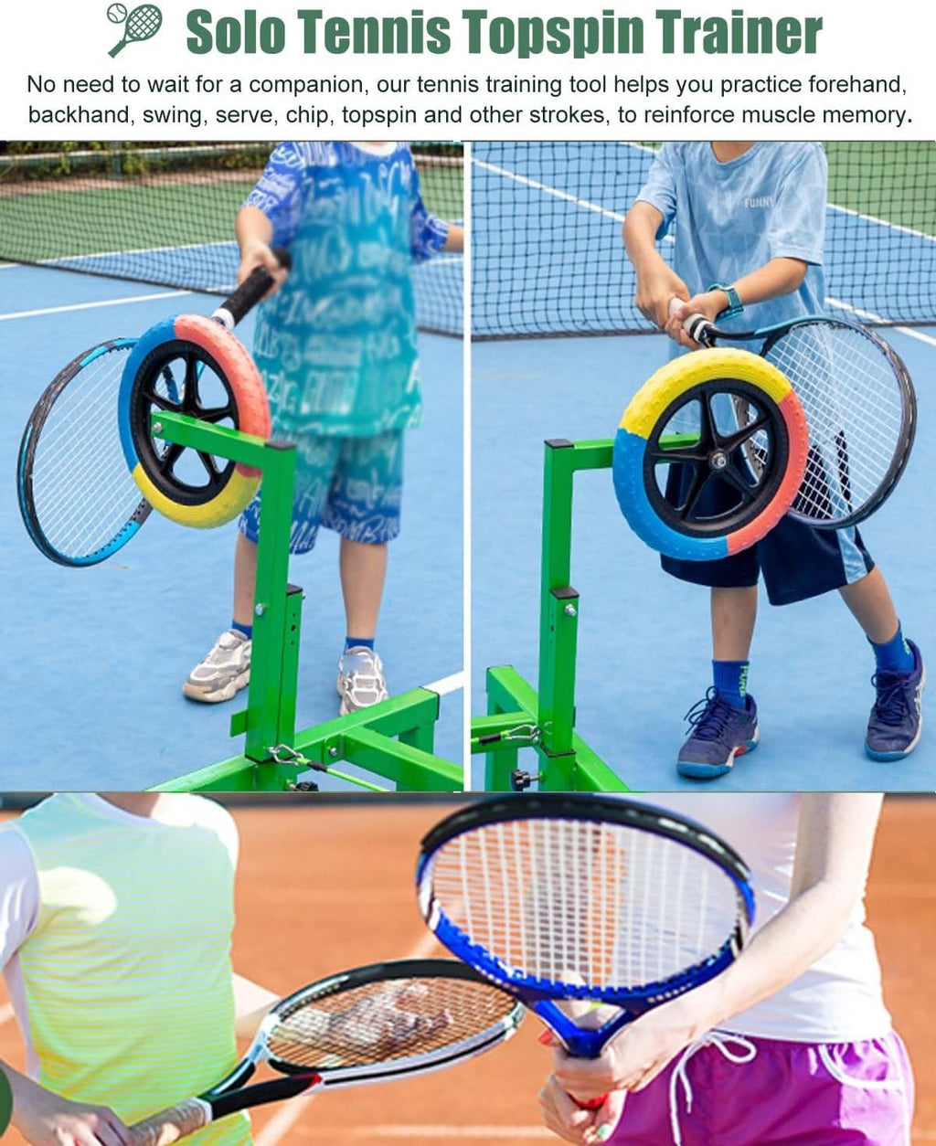 Heavy Duty Tennis Topspin Trainer for Kids, Beginner Tennis Trainer with 4 Wheels, Adjustable Height Training Equipment