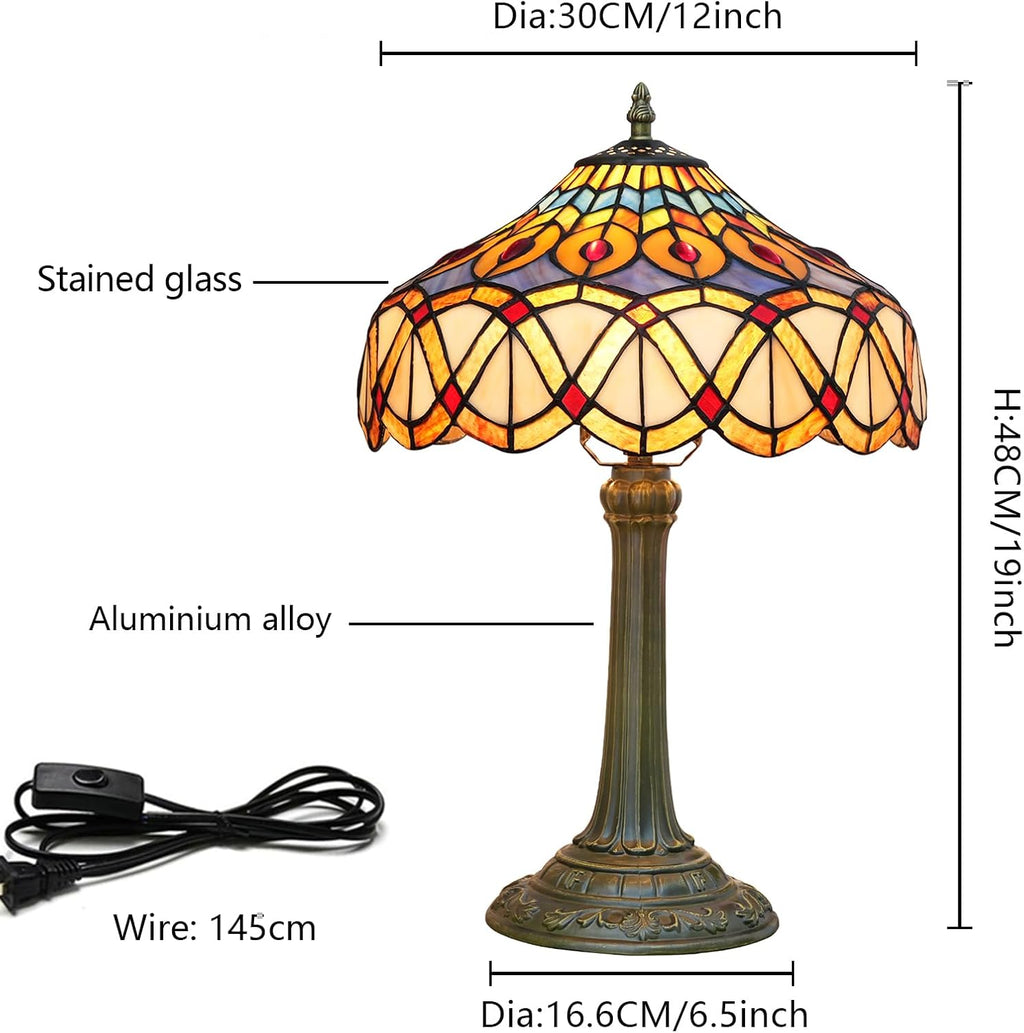 Yellow Peacock Tail Tiffany Table Lamp 12 inch Stained Glass Desk Lamp Vintage Reading Light for Living Room Bedroom Wedding Room Home Office Antique Decorative Light