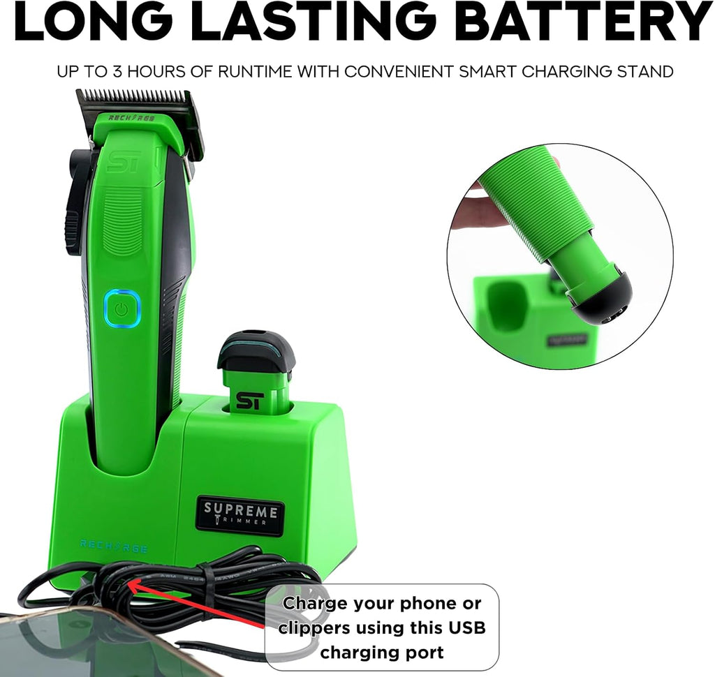 Supreme Trimmer Recharge Clipper - Professional Hair Clipper with 2 Removable Batteries, Brushless Motor, Smart Charge Stand, USB-C Charge & DLC Blades Barbers | STC779