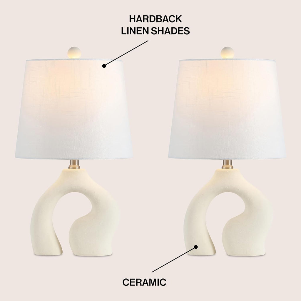 JONATHAN Y 19' Cream Ceramic Arch LED Table Lamp Set of 2, Scandinavian Minimalist Modern Bedside Lamps for Living Room Bedroom, White Linen Shade, LED Bulbs Included JYL5504A-SET2