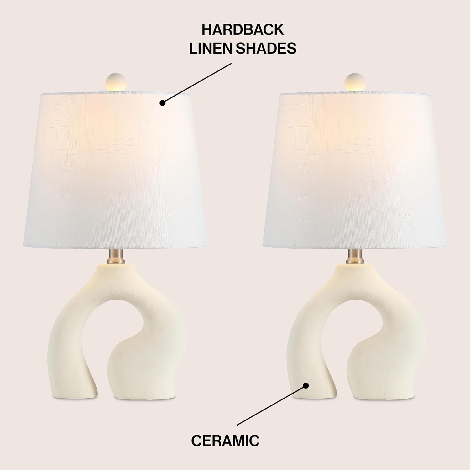 JONATHAN Y 19' Cream Ceramic Arch LED Table Lamp Set of 2, Scandinavian Minimalist Modern Bedside Lamps for Living Room Bedroom, White Linen Shade, LED Bulbs Included JYL5504A-SET2