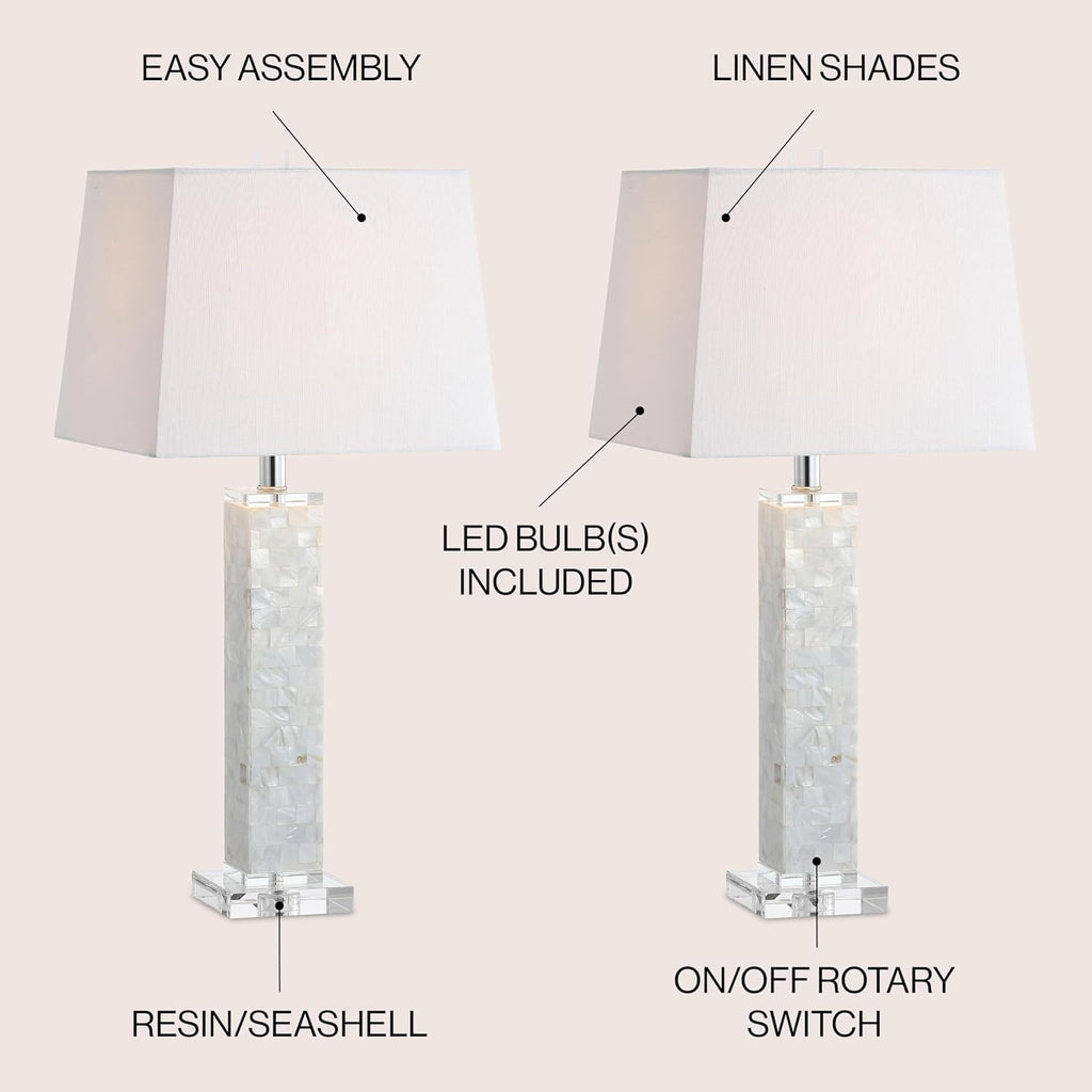 JONATHAN Y 28.5' White Mother-of-Pearl Seashell LED Table Lamp Set of 2, Coastal Contemporary Mosaic Pillar for Living Room, Crystal Base, White Linen Shade, LED Bulbs Included JYL1053A-SET2