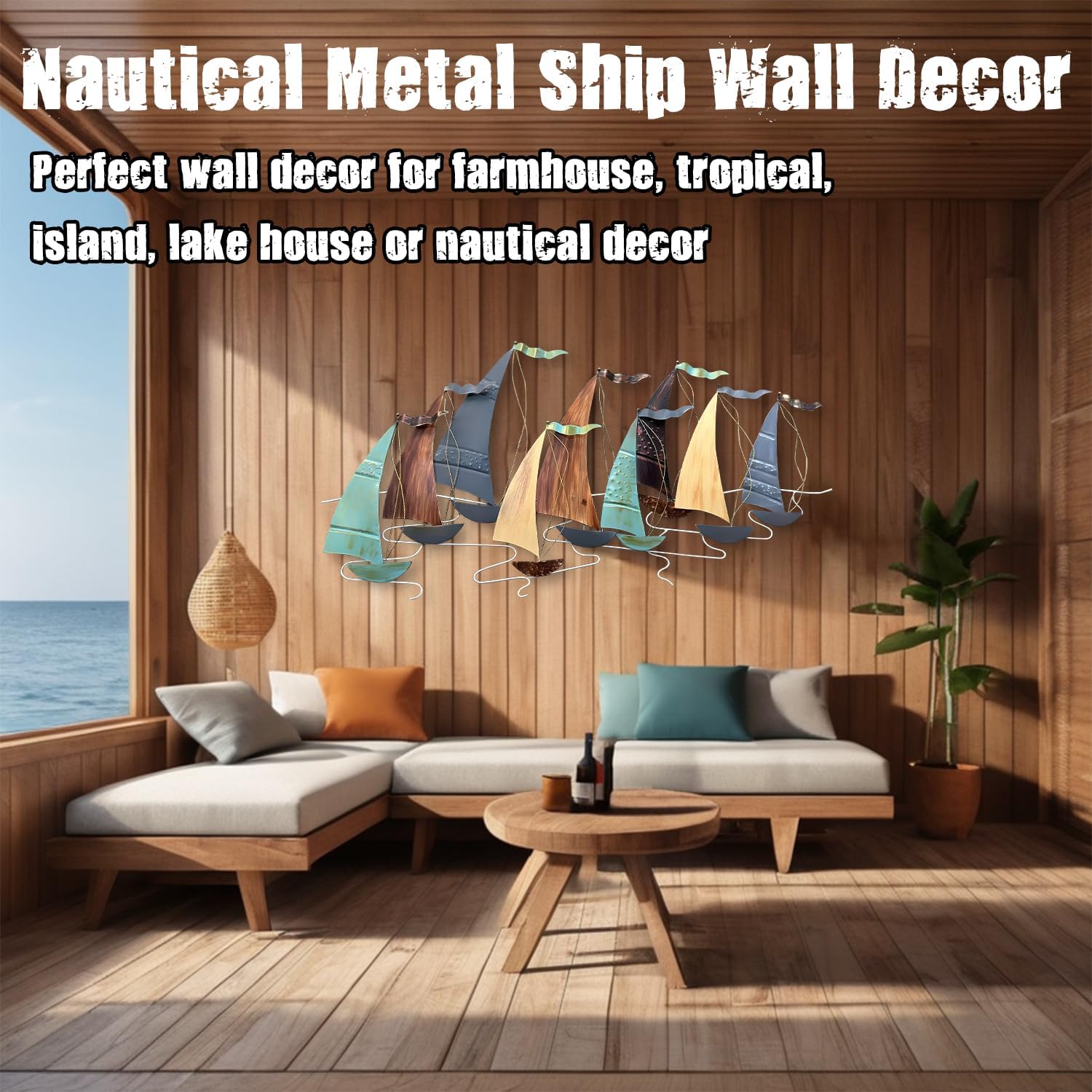 edaknez Large Metal Sailboat Wall Decor, 51' x 26' Ship Metal Wall Art | Coastal Nautical Boat Wall Hanging, Large Ship Wall Sculptures, for Living Room Bedroom Indoor Ourdoor Ocean Beach