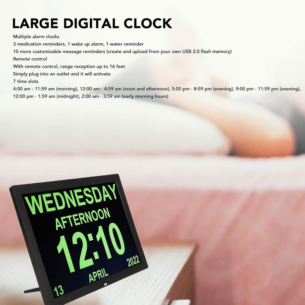 Septpenta Digital Calendar Alarm Clock Day Clock with 15' Large Display, 10 Languages, with Remote Control/Calendar/Alarm/Date/Day for Visually Impaired, Elderly, Dementia(USA)