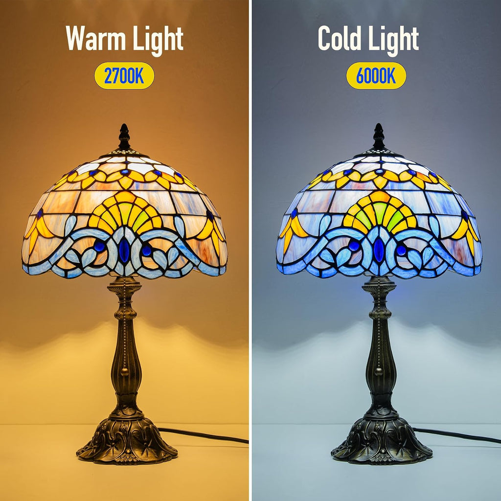 Tiffany Style Table Lamp, 12 Inch Stained Glass Bedside Lamp with Blue Baroque Design Vintage Handcrafted Nightstand Lamp for Reading Living Room Bedroom Office