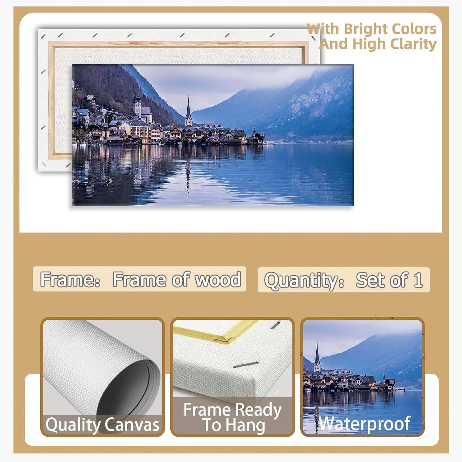 Large European Hallstatt Alpine Village Wall Art Austrian Lakeside Town Canvas Print Misty Mountain Landscape Posters Reflected Houses Travel Home Decor Artwork for Living Room 20x40inch Framed