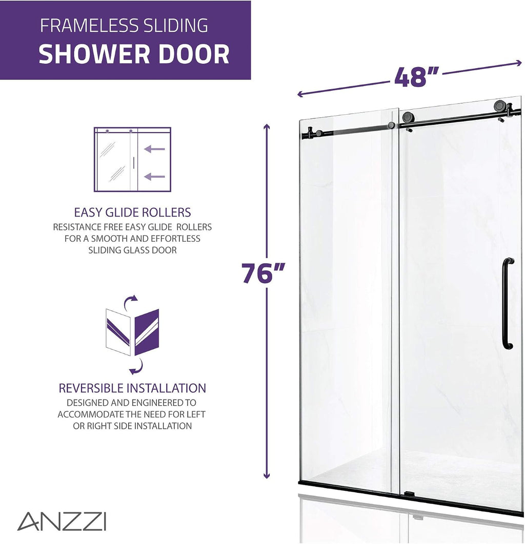 ANZZI 76' x 48' Frameless Shower Door, Matte Black, Madam Complete Shower Kit, Water Repellent Sliding Glass Panel + Bottom Seal Strip Parts + Easy Glide Rollers (SD-AZ13-01MB)