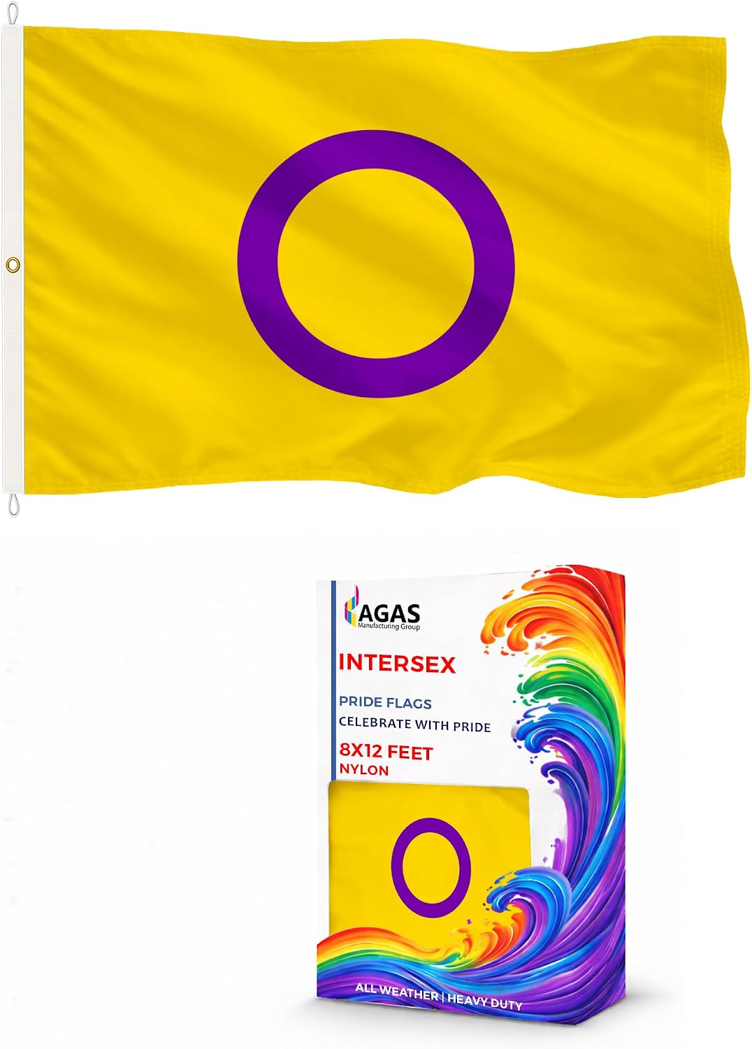 AGAS Large Intersex Flag 8x12 Ft - Printed 200D Nylon - Rope Thimble Brass Grommet Stitched Edges Fade Proof Sharp Colors - Large Size Indoor/Outdoor Intersexuality flag