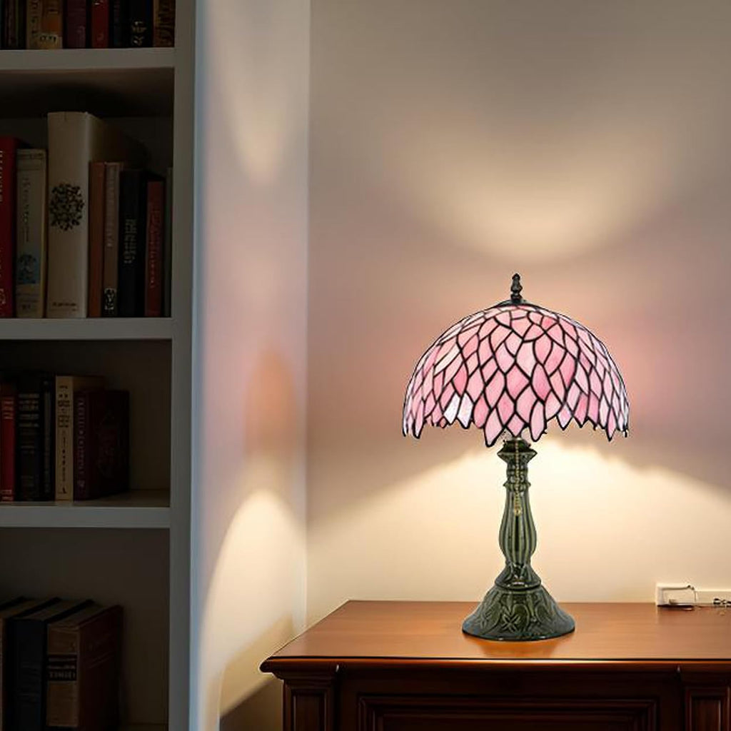 Tiffany Lamp Stained Glass Table Lamps Pink Leaf Style Desk Lamp12X12X18.5 Inch Bronze Ceramic Base Reading Light Suitable for Bedside Bedroom Living Room Dining Room Office