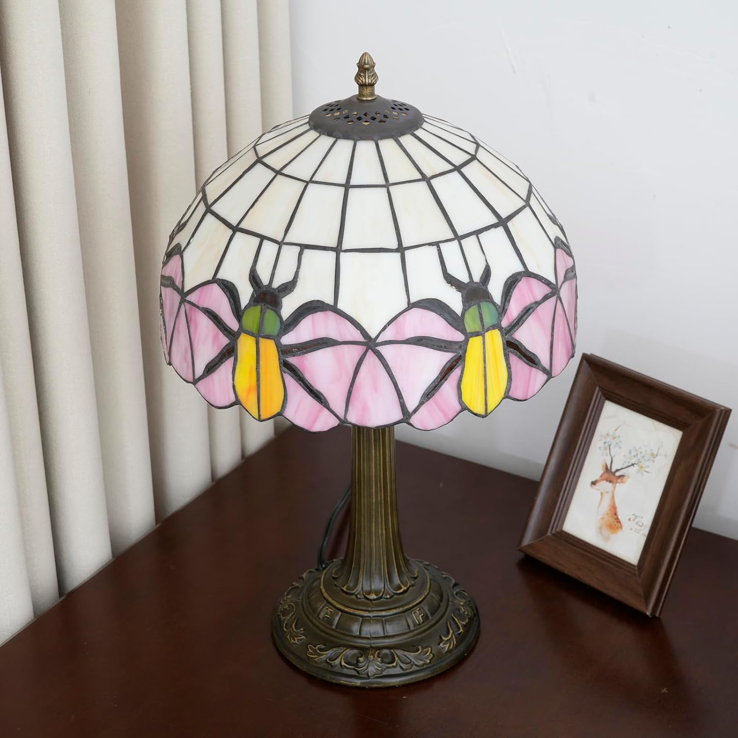 Tiffany Lamp Yellow Beetle Pink Stained Glass Table Lamp Vintage Bedroom Desk Light for Home Dorm Office Art Craft Antique Decor Accent Aesthetic Nightstand Reading Light