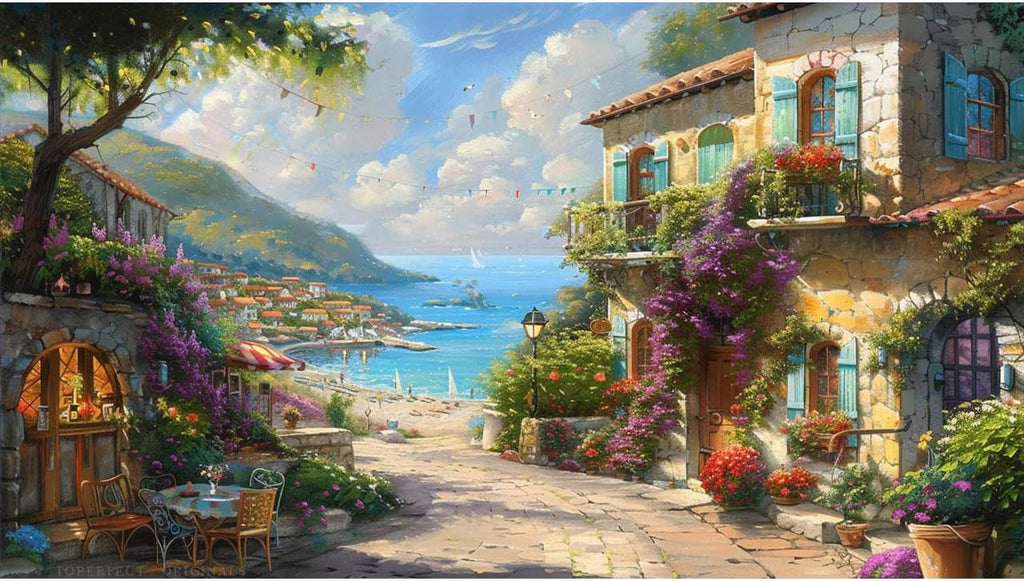 24 hand painted original European scenery paintings on canvas, Thomas Italian Cafe wall decor in Kinkade style, modern artwork of flowers, garden, house, beach, landscape artworks by college teachers