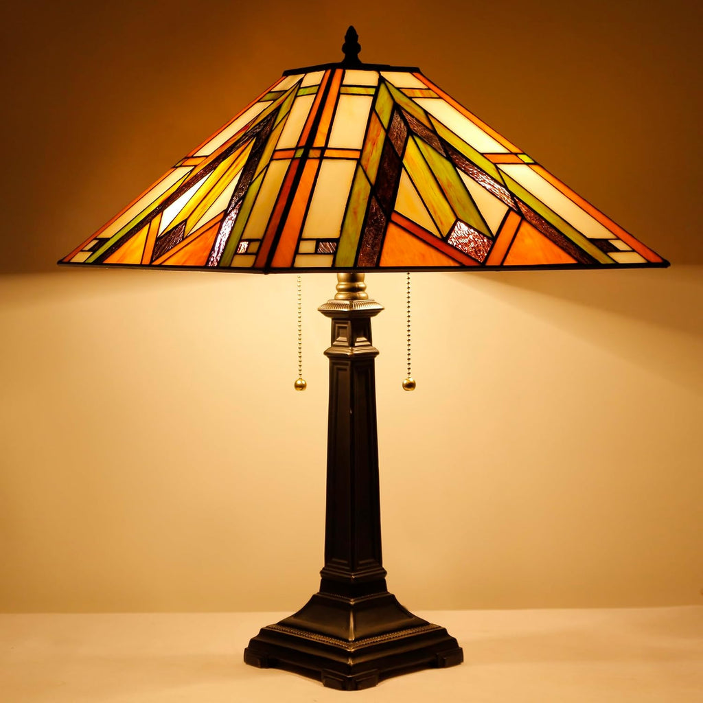 Tiffany Table Lamp Bronze Mission Style Stained Glass 16X16X23 Inches Desk Reading Light for Bedrooms Living Room Study Home Office