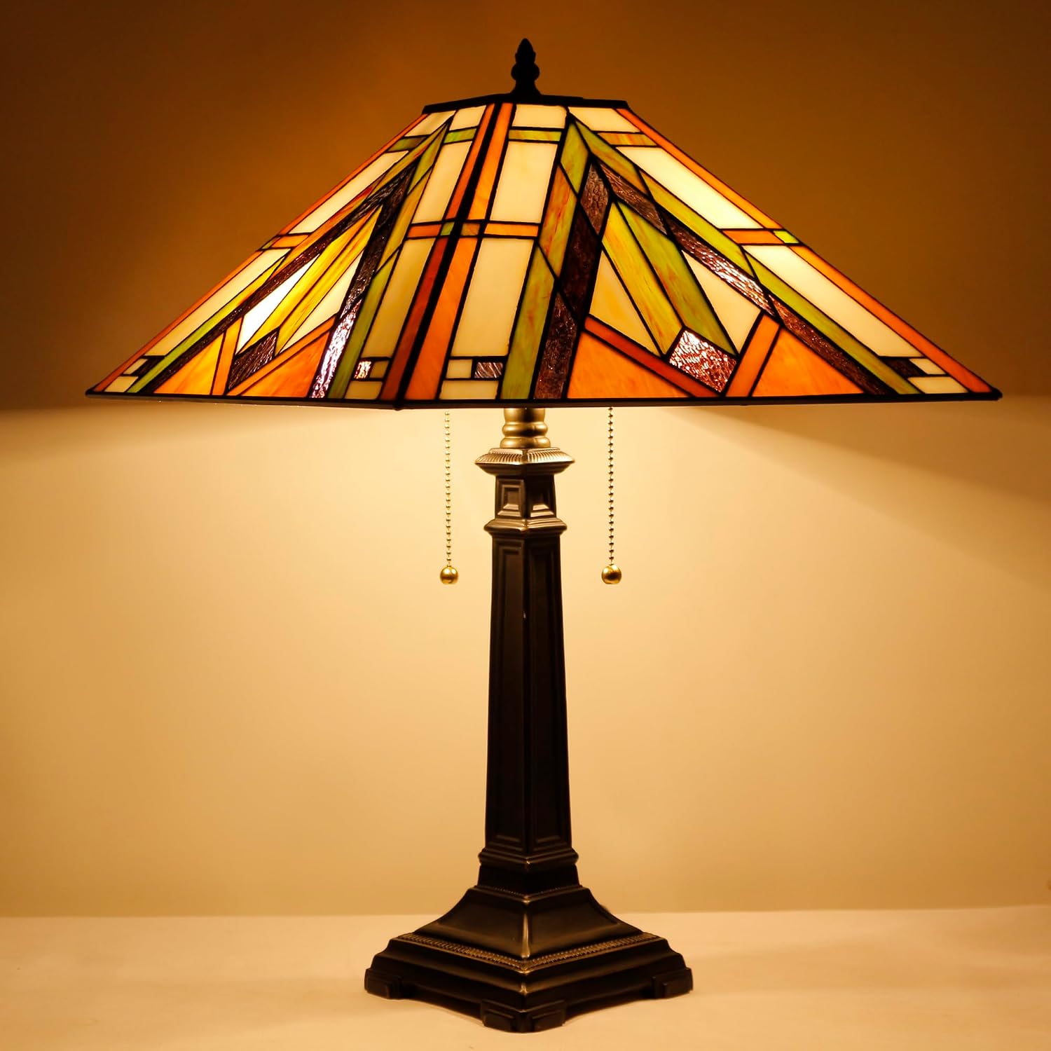 Tiffany Table Lamp Bronze Mission Style Stained Glass 16X16X23 Inches Desk Reading Light for Bedrooms Living Room Study Home Office