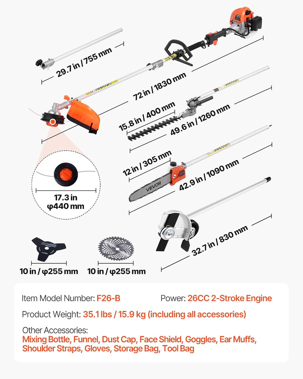 VEVOR Gas Hedge Trimmer, 2 Cycle Gas Power Handheld Trimmer, 7-in-1 26cc Weed Eater with Extension Pole & Protective Gear Set, Includes Hedge & String Trimmer, Brush Cutter(3T & 40T), Edger, Pole Saw