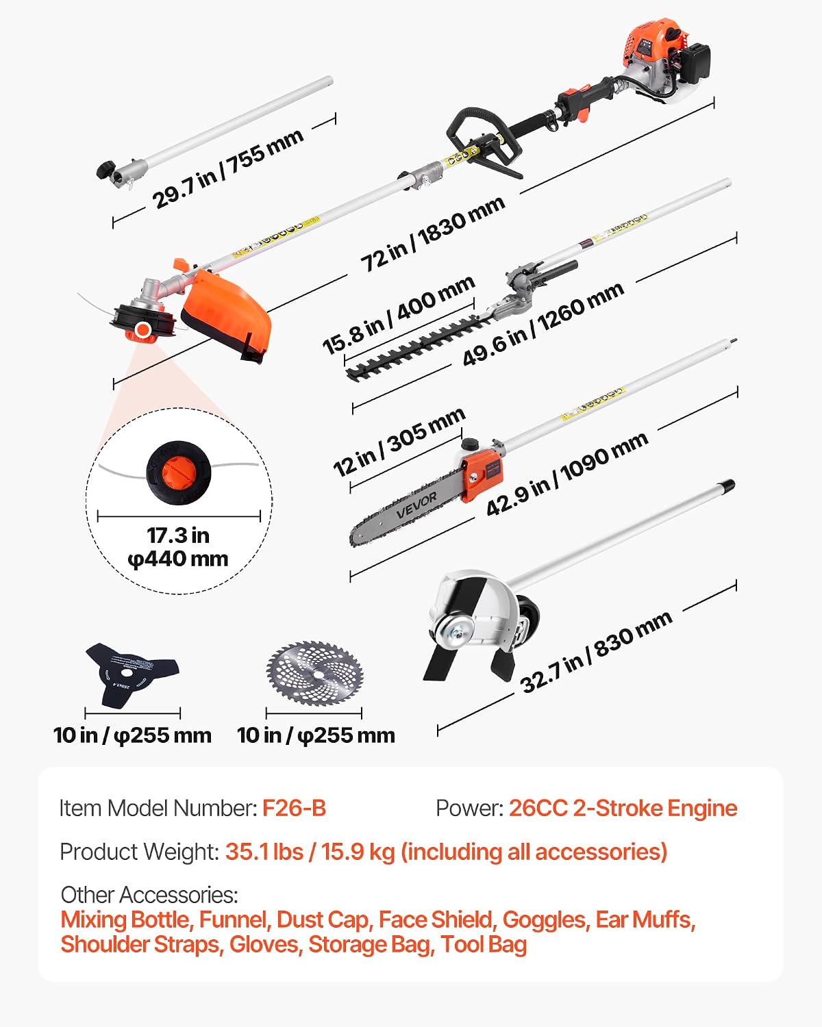 VEVOR Gas Hedge Trimmer, 2 Cycle Gas Power Handheld Trimmer, 7-in-1 26cc Weed Eater with Extension Pole & Protective Gear Set, Includes Hedge & String Trimmer, Brush Cutter(3T & 40T), Edger, Pole Saw