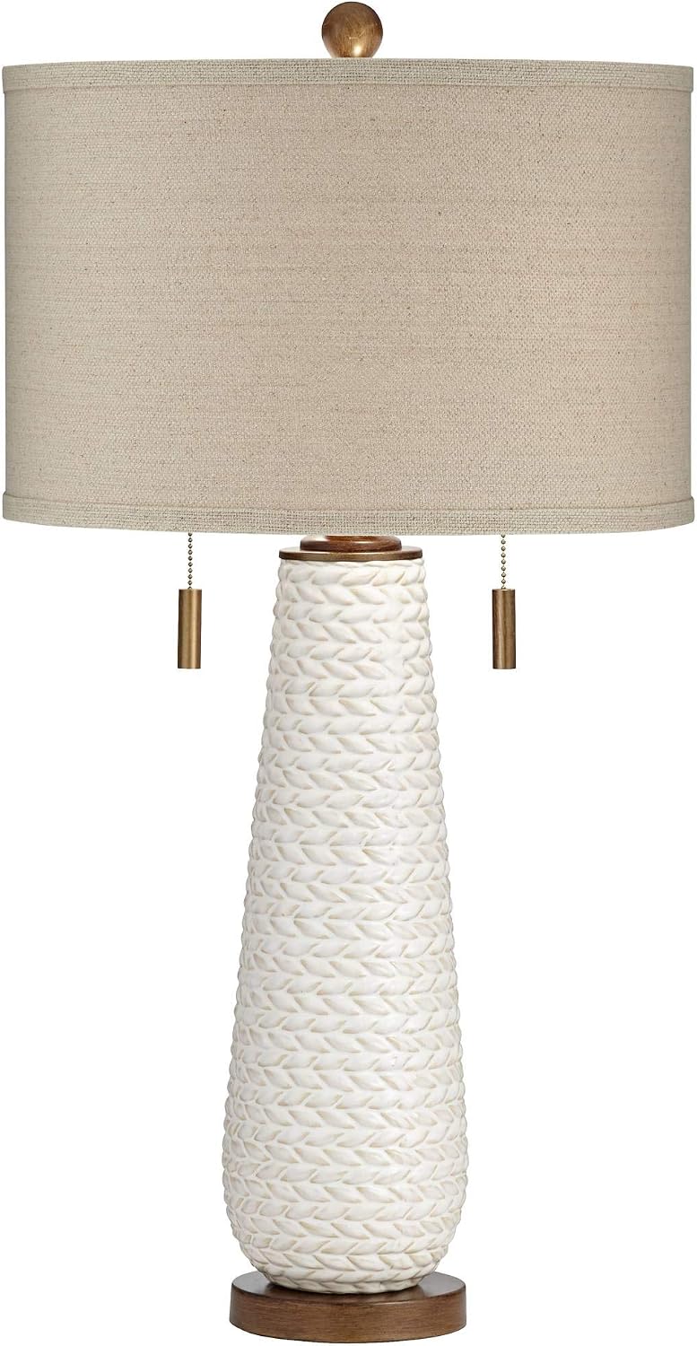 Possini Euro Design Kingston Mid Century Modern Table Lamp 32 3/4' Tall White Grooved Patterned Ceramic Taupe Drum Shade for Bedroom Living Room House Bedside Nightstand Home Office Entryway Family