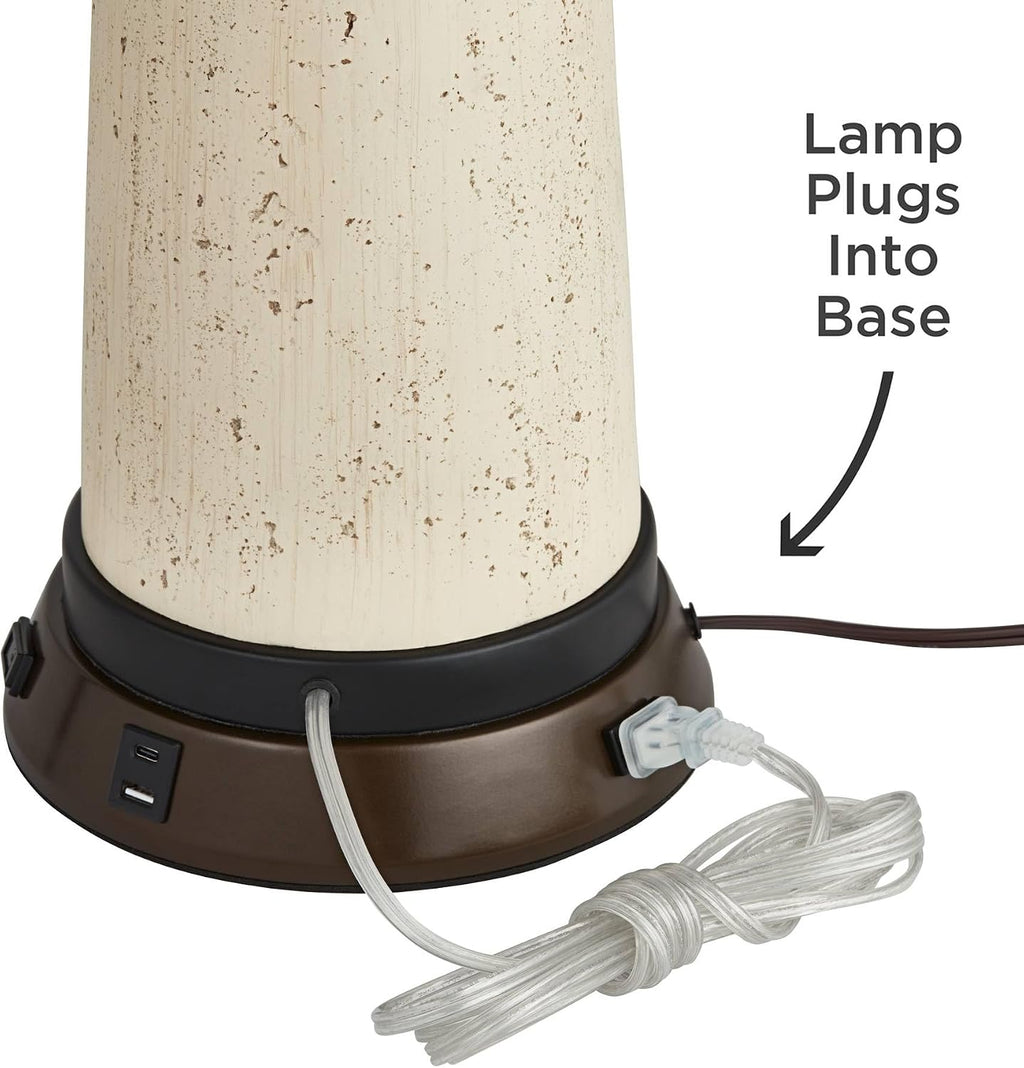 Franklin Iron Works Hunter Rustic Farmhouse Table Lamp with USB and AC Power Outlet Workstation Charging Base 28.75' Tall Bronze Cherry Wood Double Drum Shade for Living Room Bedroom House Bedside