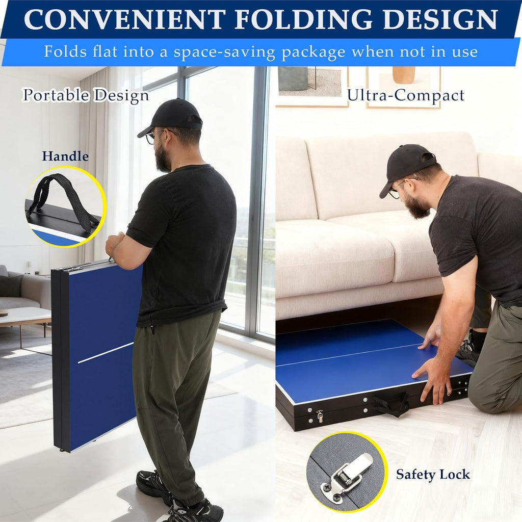 Portable Ping Pong Table, Foldable Indoor Table Tennis Tables Game, Folding Indoor Table Tennis w/ 2 Paddles, 2 Balls and Net for Adults/Teens, Quick Assembly
